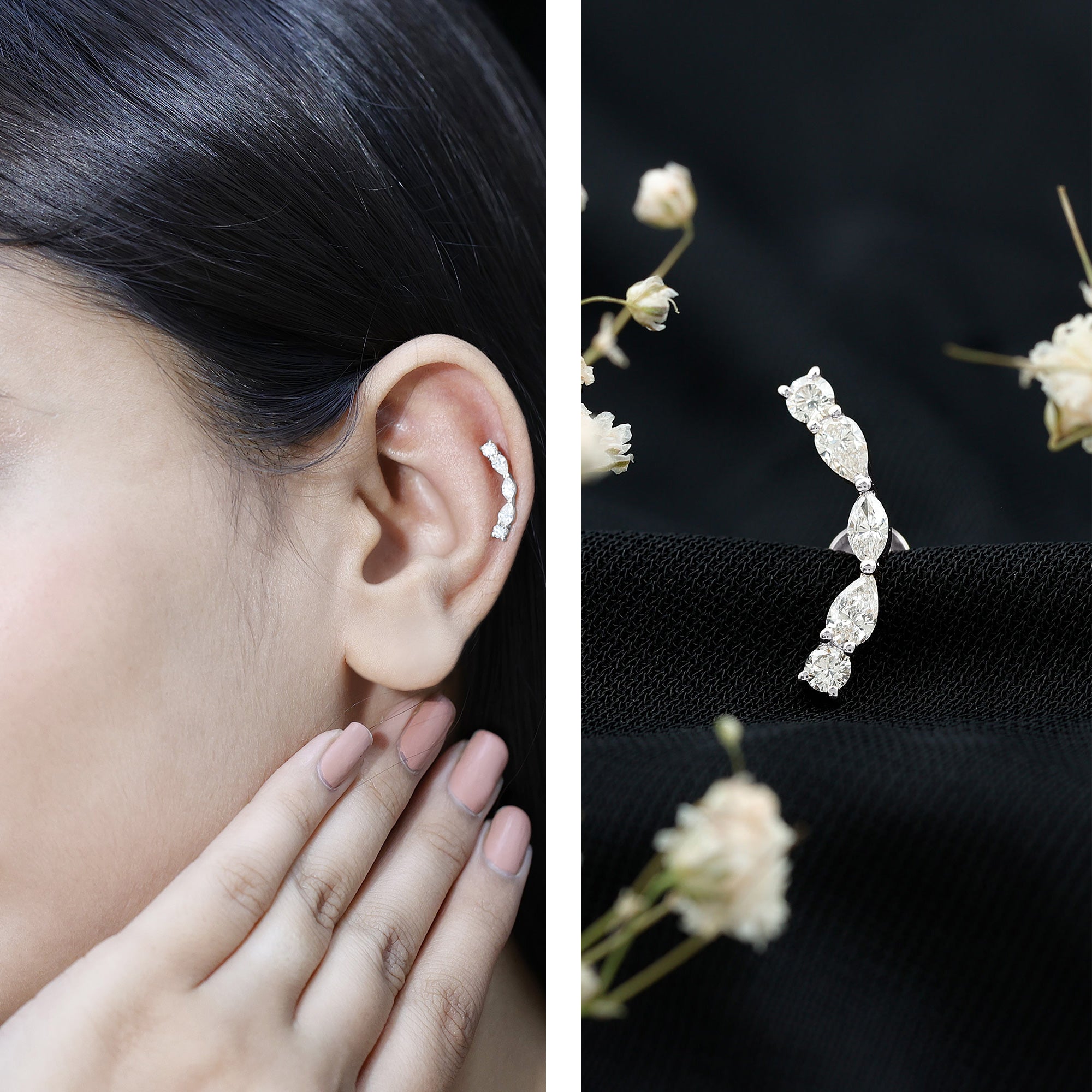 Pear Diamond Ear Crawler Earring for Helix Piercing
