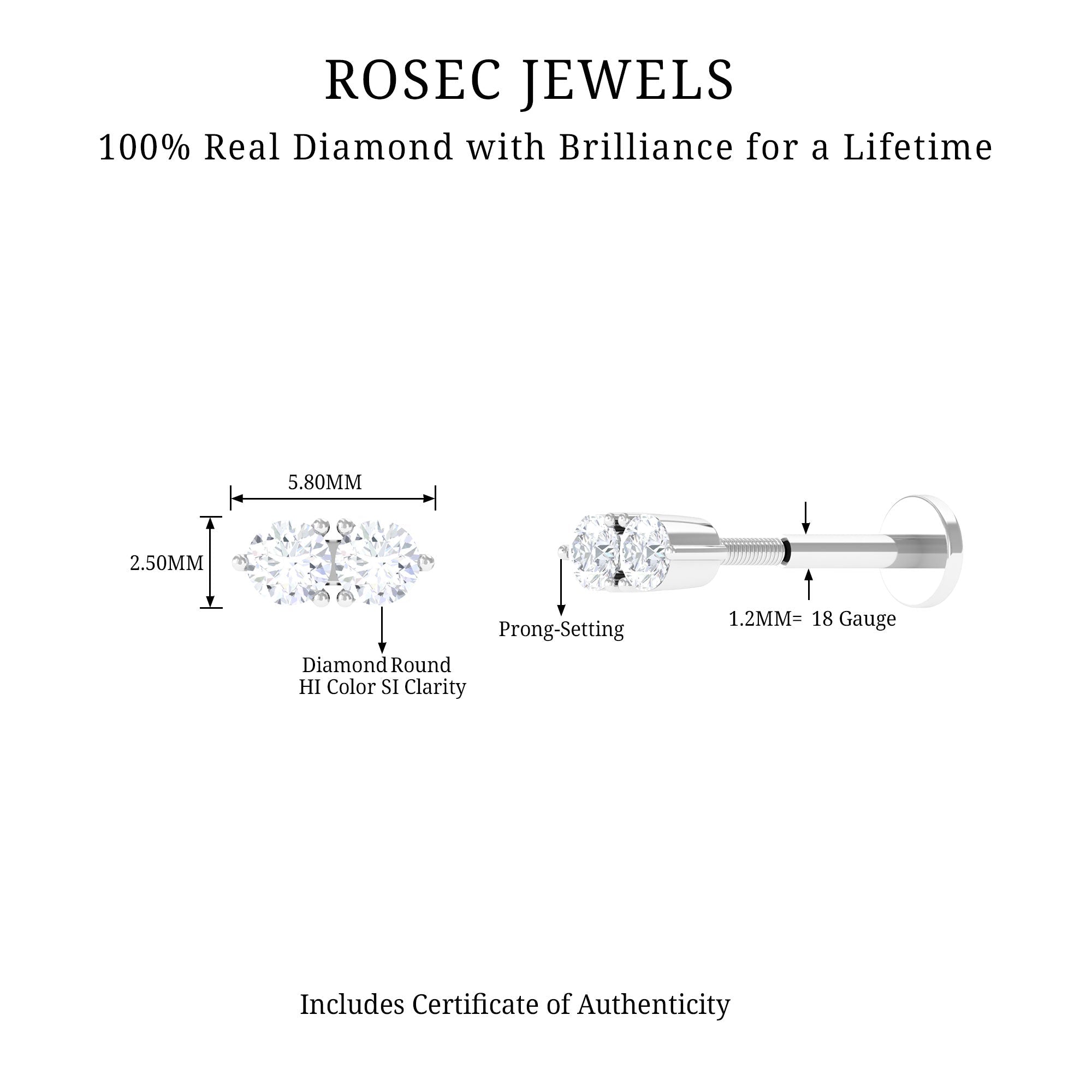Natural Diamond 2 Stone Earring for Tragus Piercing