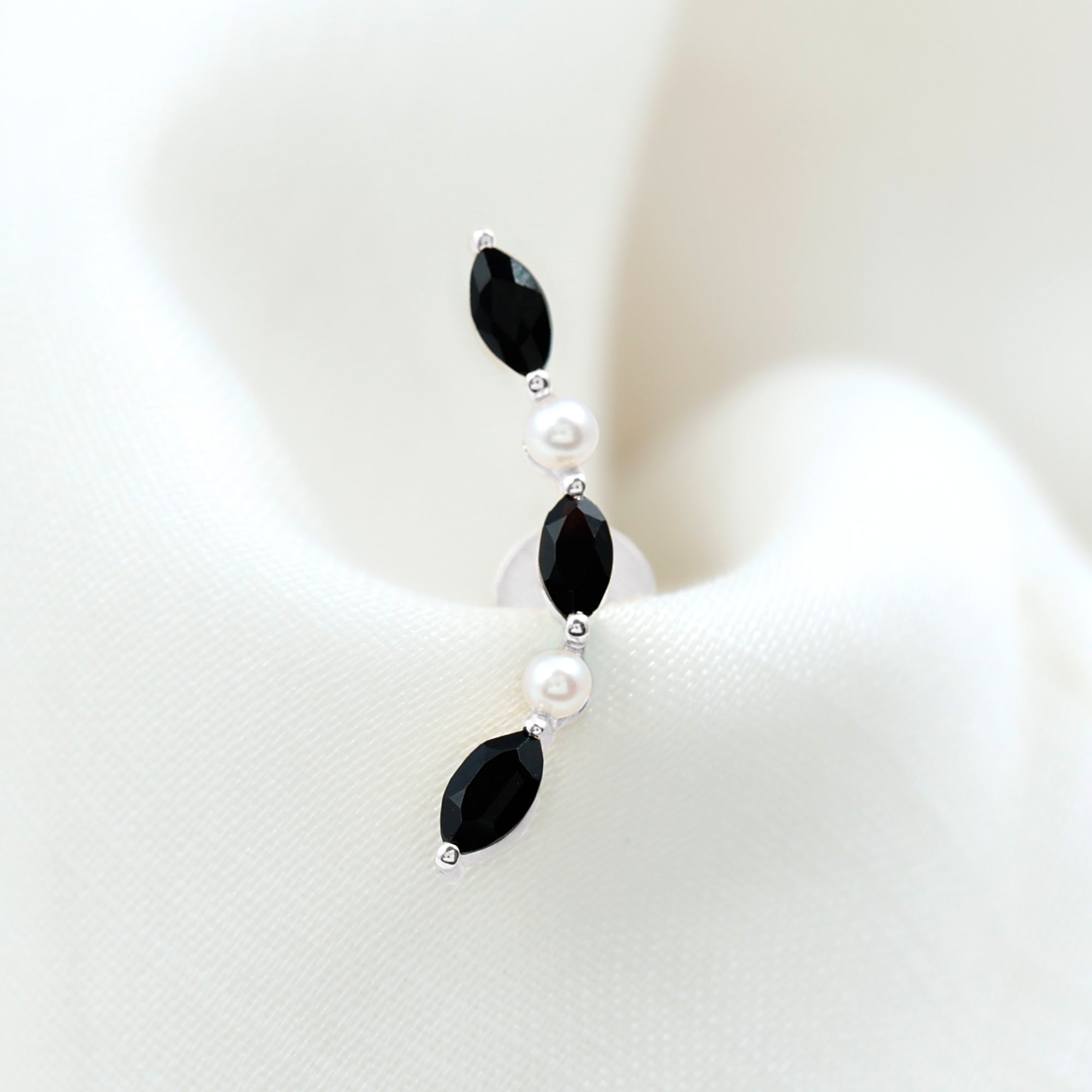 Black Onyx and Pearl Ear Crawler Earring for Helix Piercing