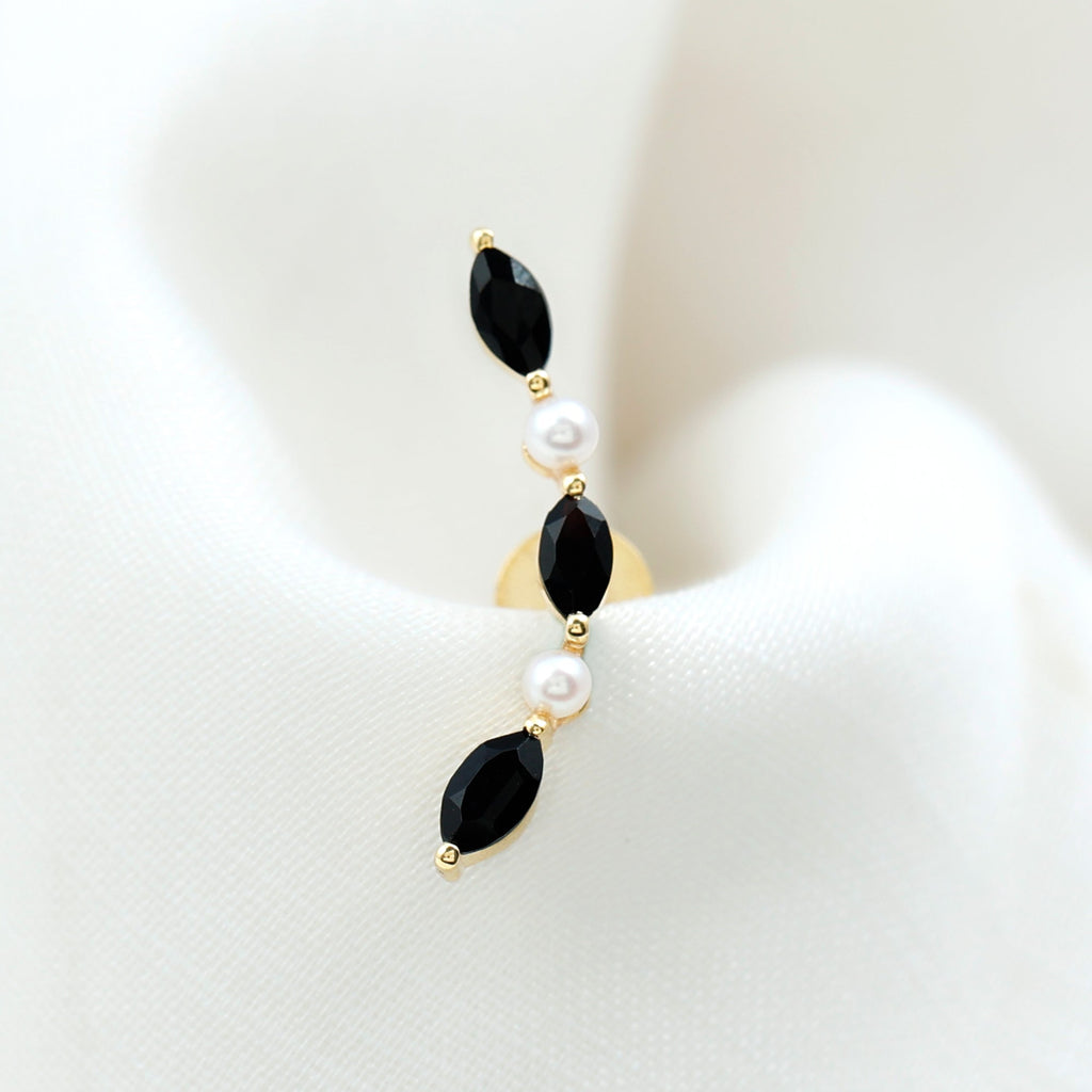 Black Onyx and Pearl Ear Crawler Earring for Helix Piercing