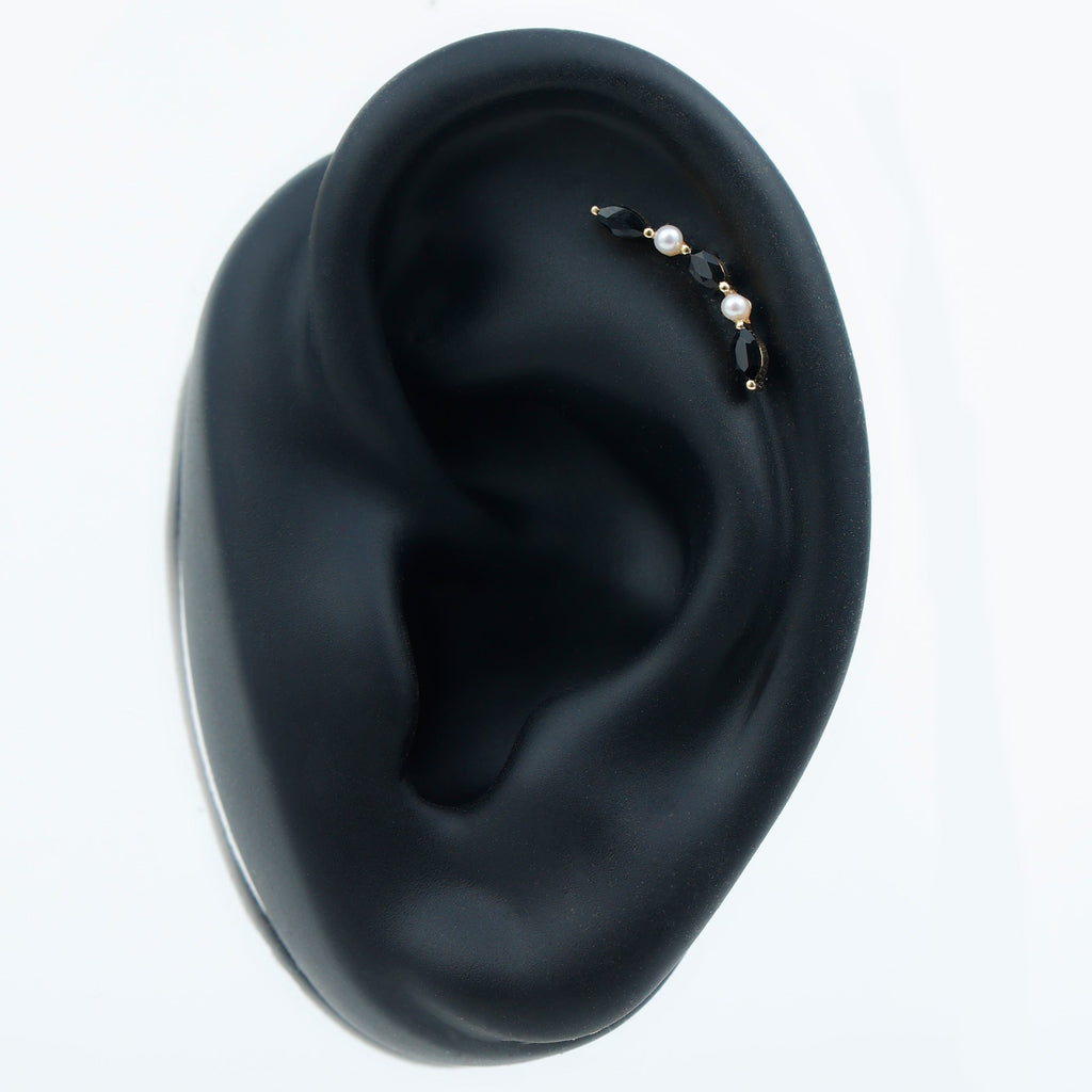 Black Onyx and Pearl Ear Crawler Earring for Helix Piercing