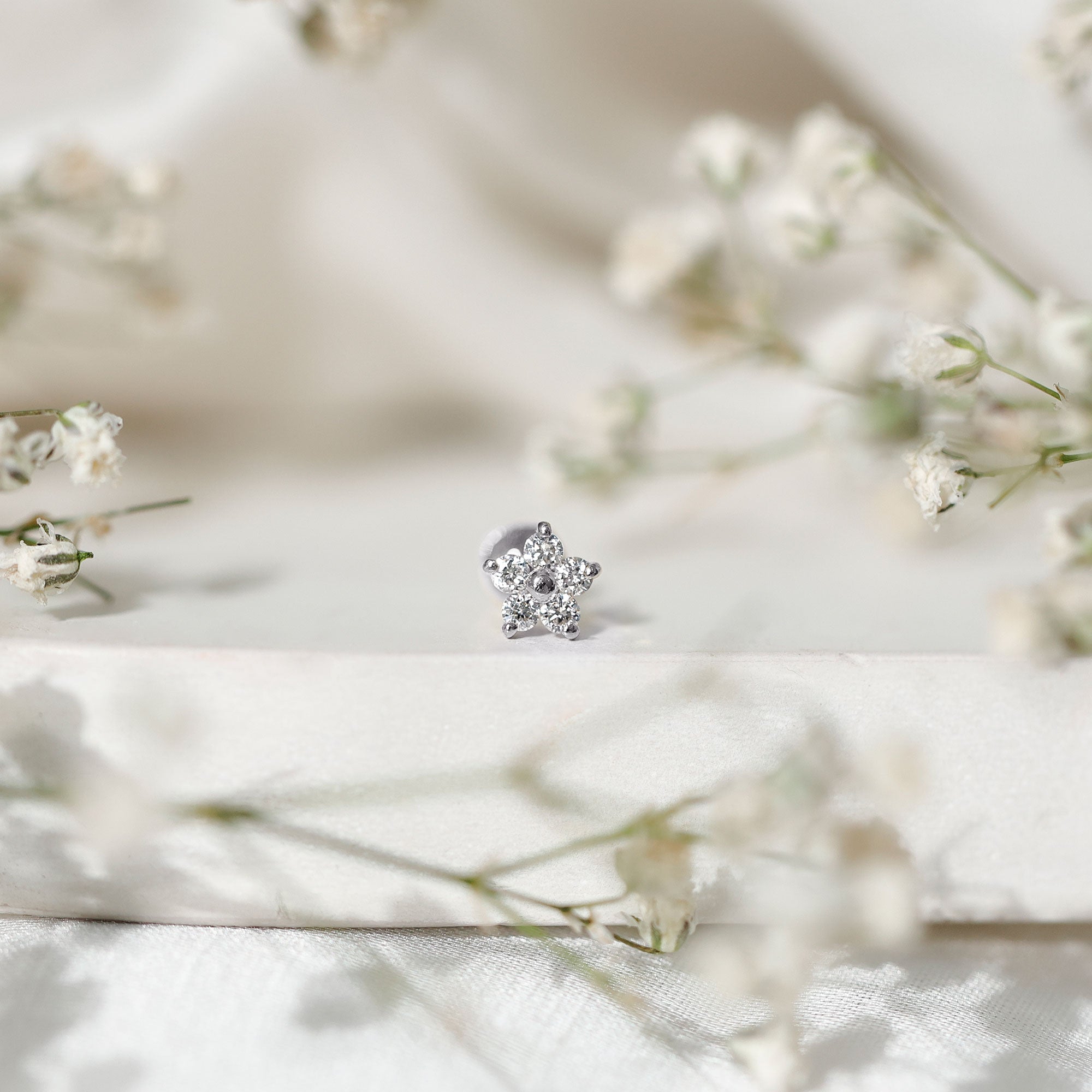 Minimalist Diamond Flower Tragus Earring with Flat Back