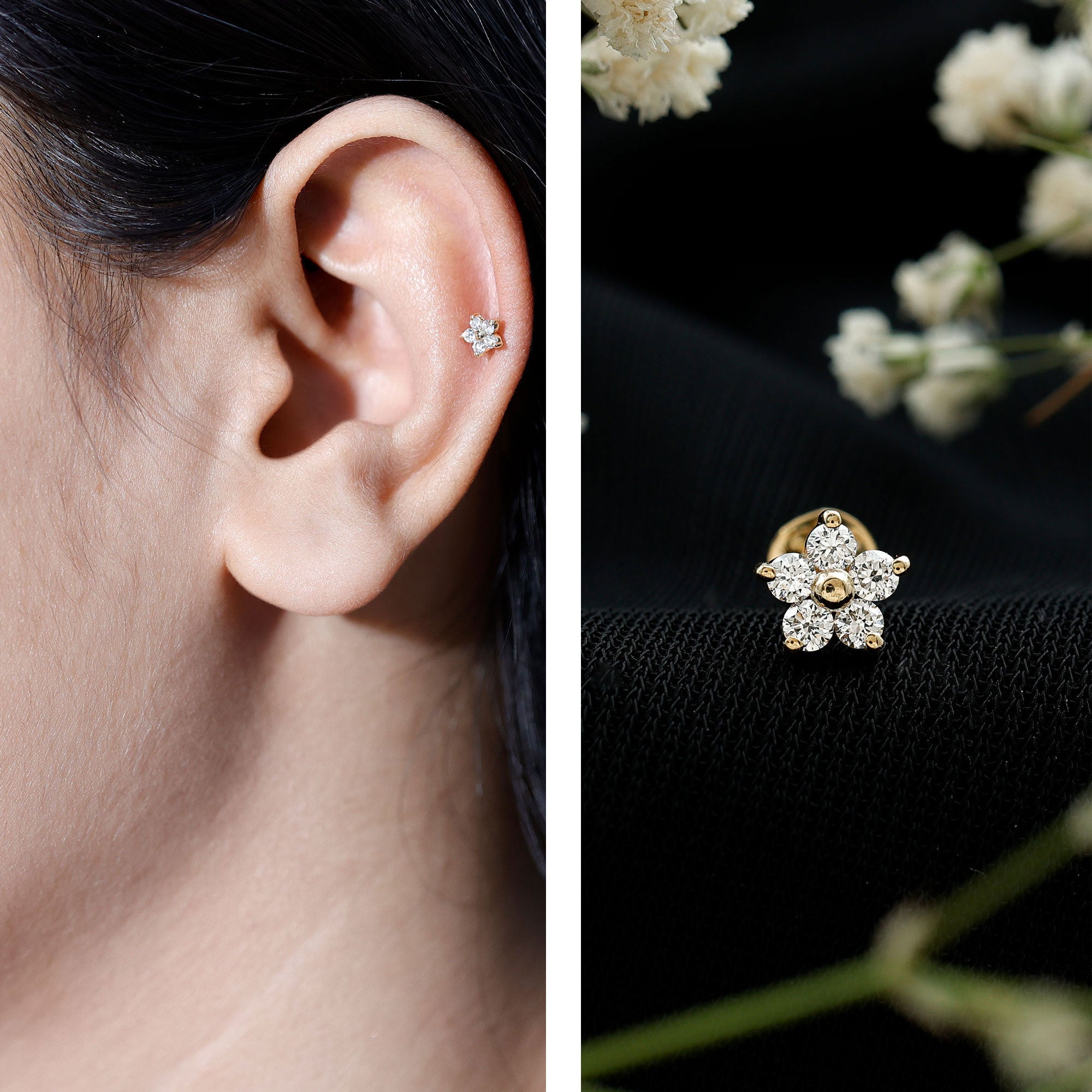 Minimalist Diamond Flower Tragus Earring with Flat Back