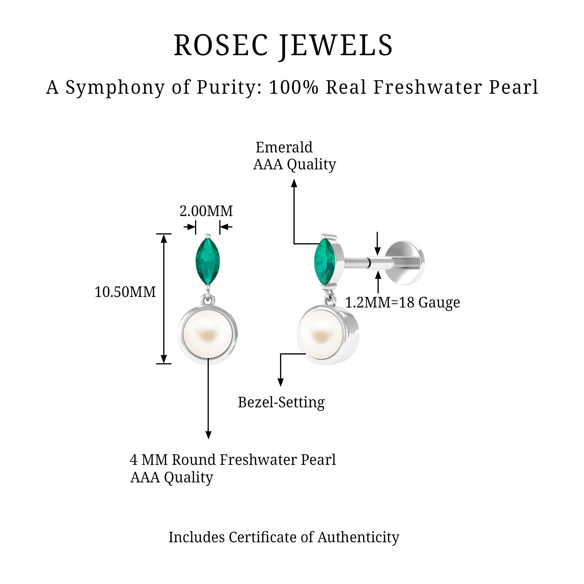 3/4 CT Freshwater Pearl and Emerald Drop Earring for Helix Piercing