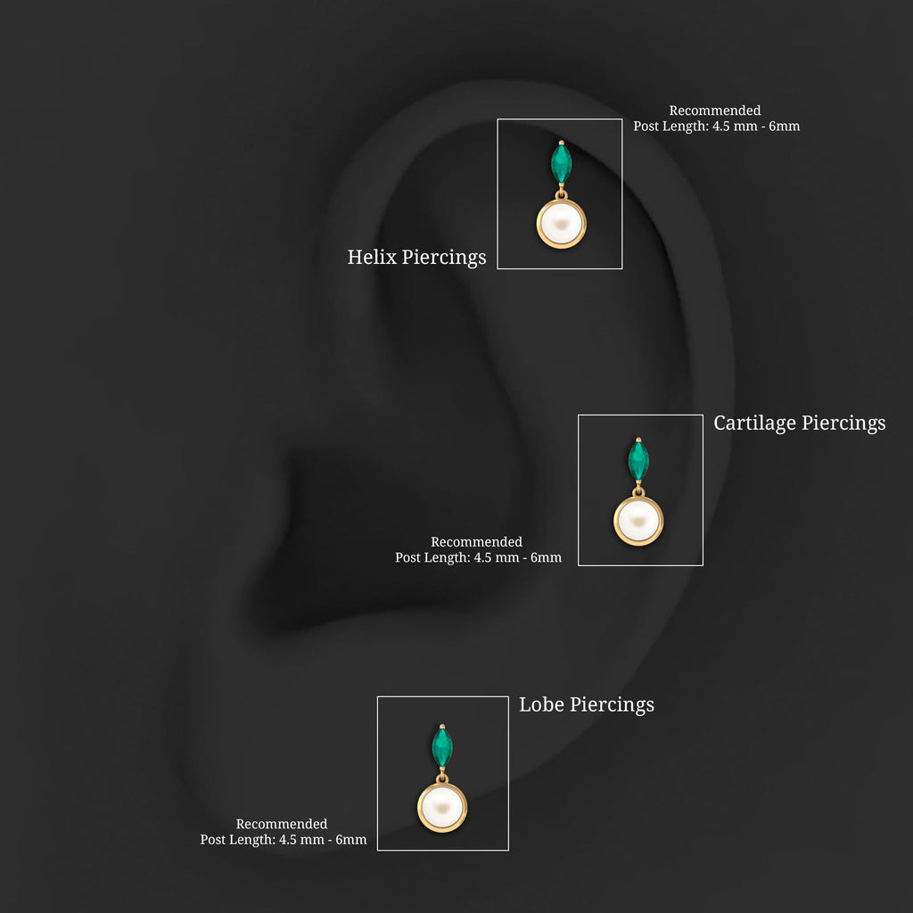 3/4 CT Freshwater Pearl and Emerald Drop Earring for Helix Piercing