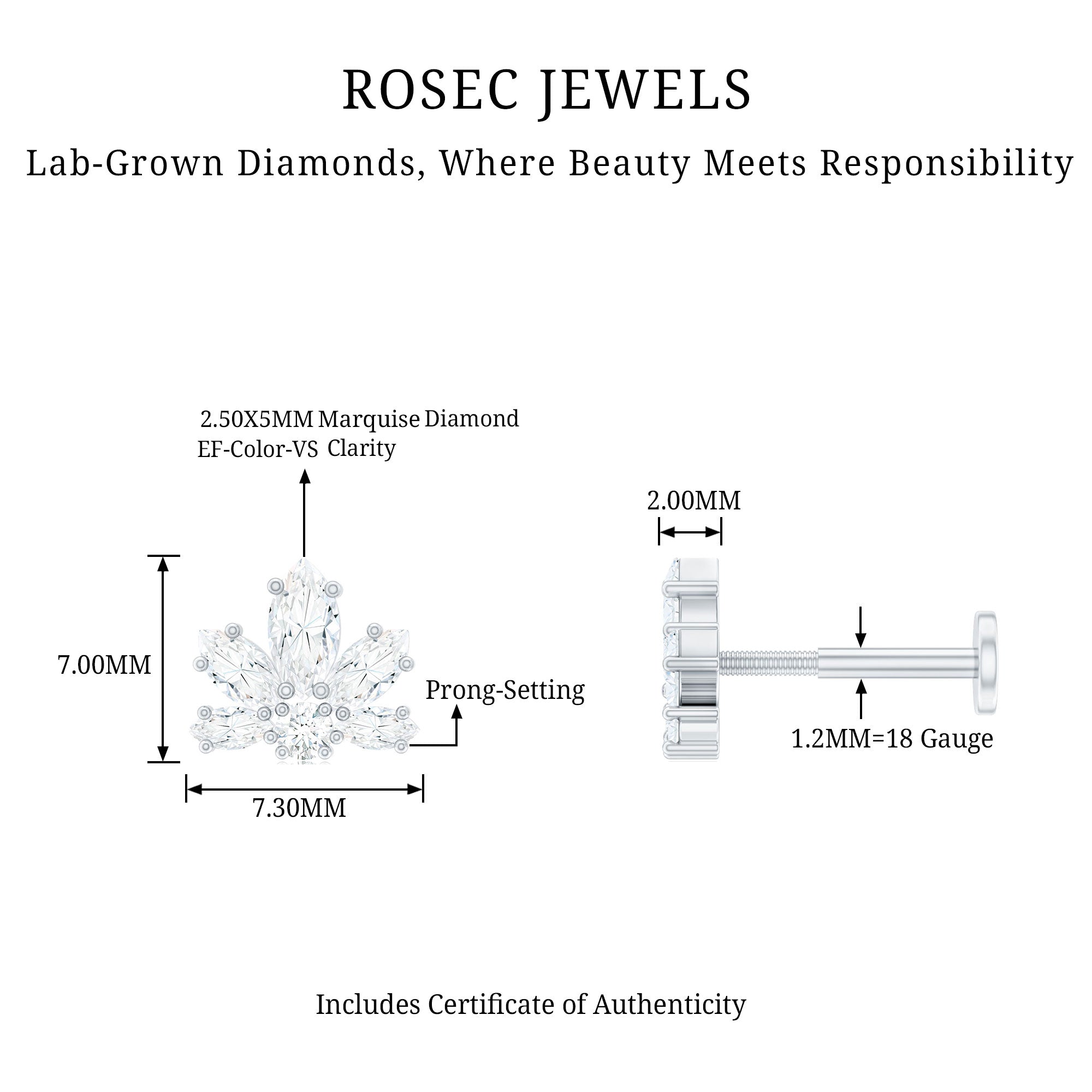 Marquise Diamond Lotus Earring for Upper Lobe Piercing