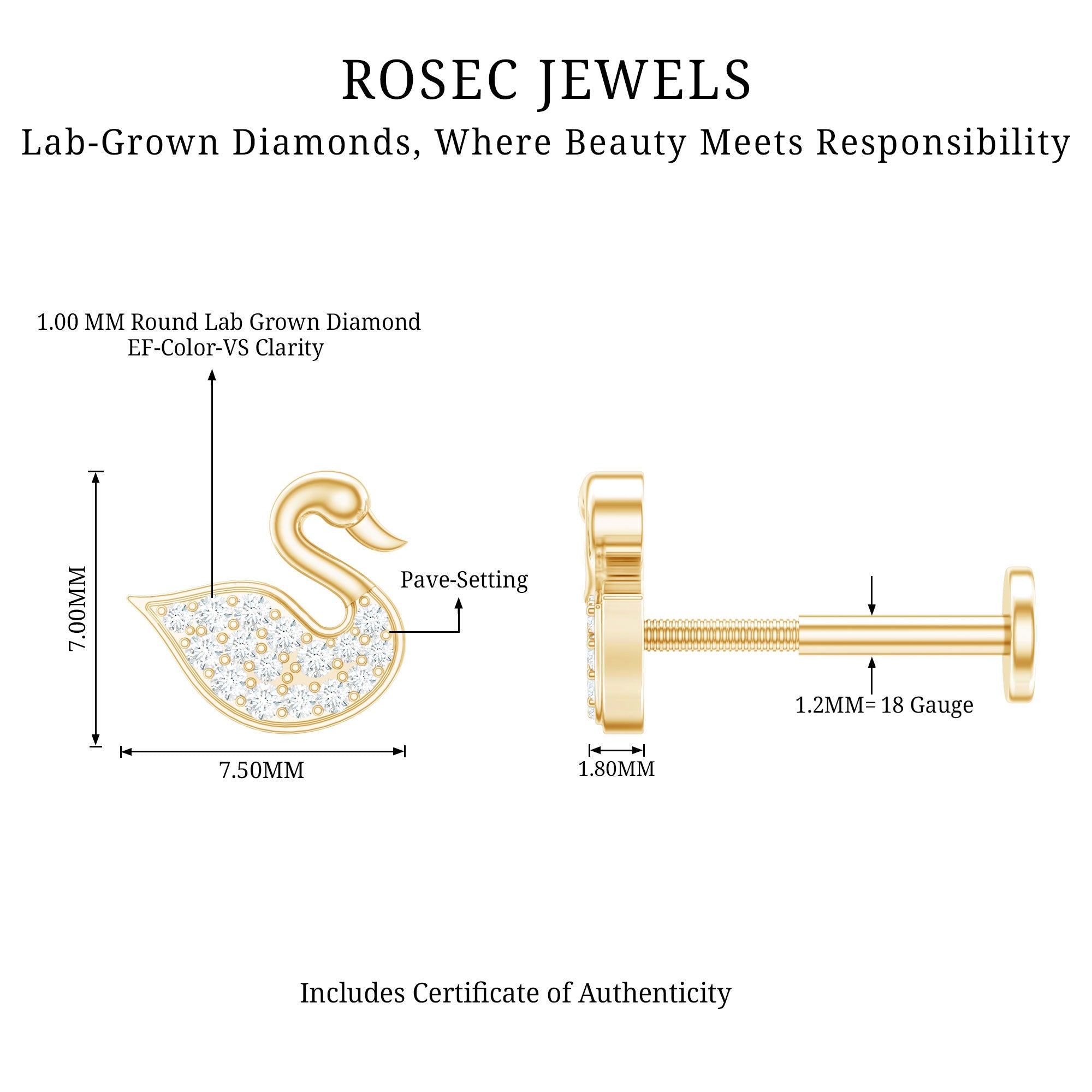 Diamond Swan Earring for Upper Lobe Piercing