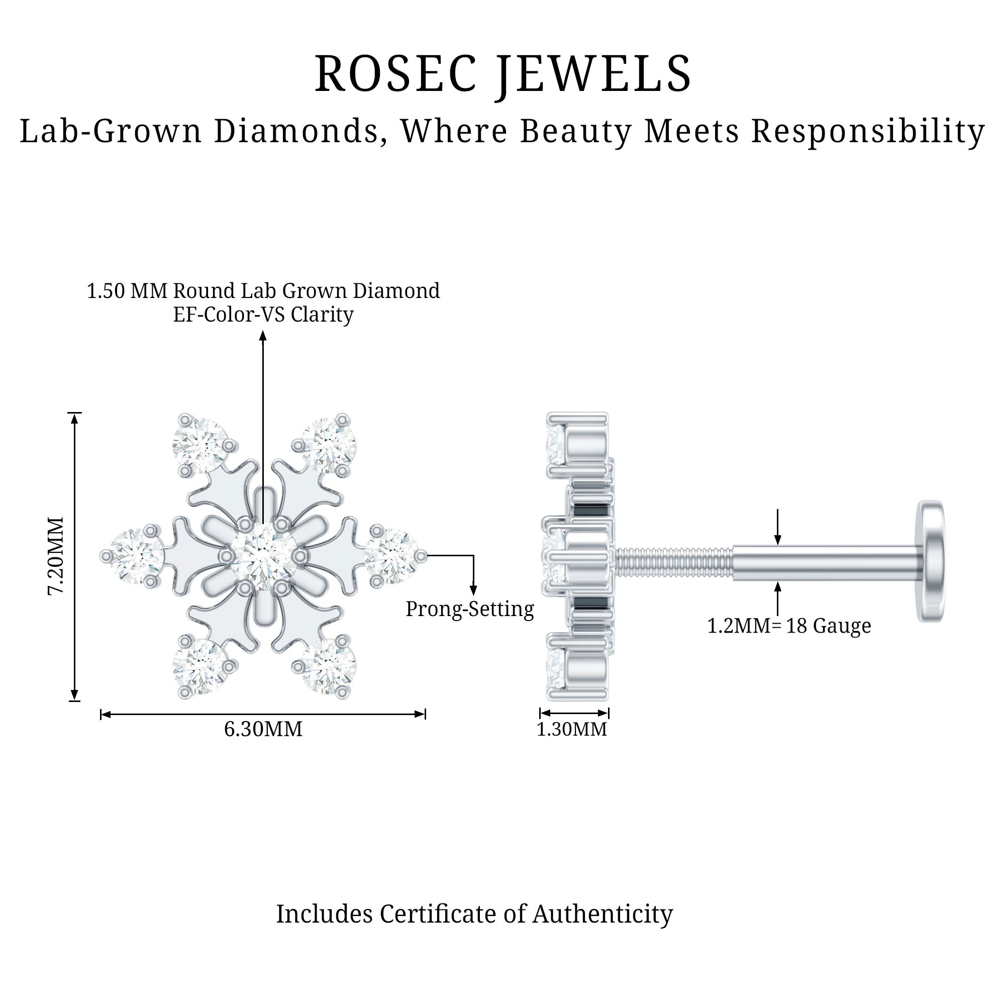 Diamond Snowflake Earring for Upper Lobe Piercing