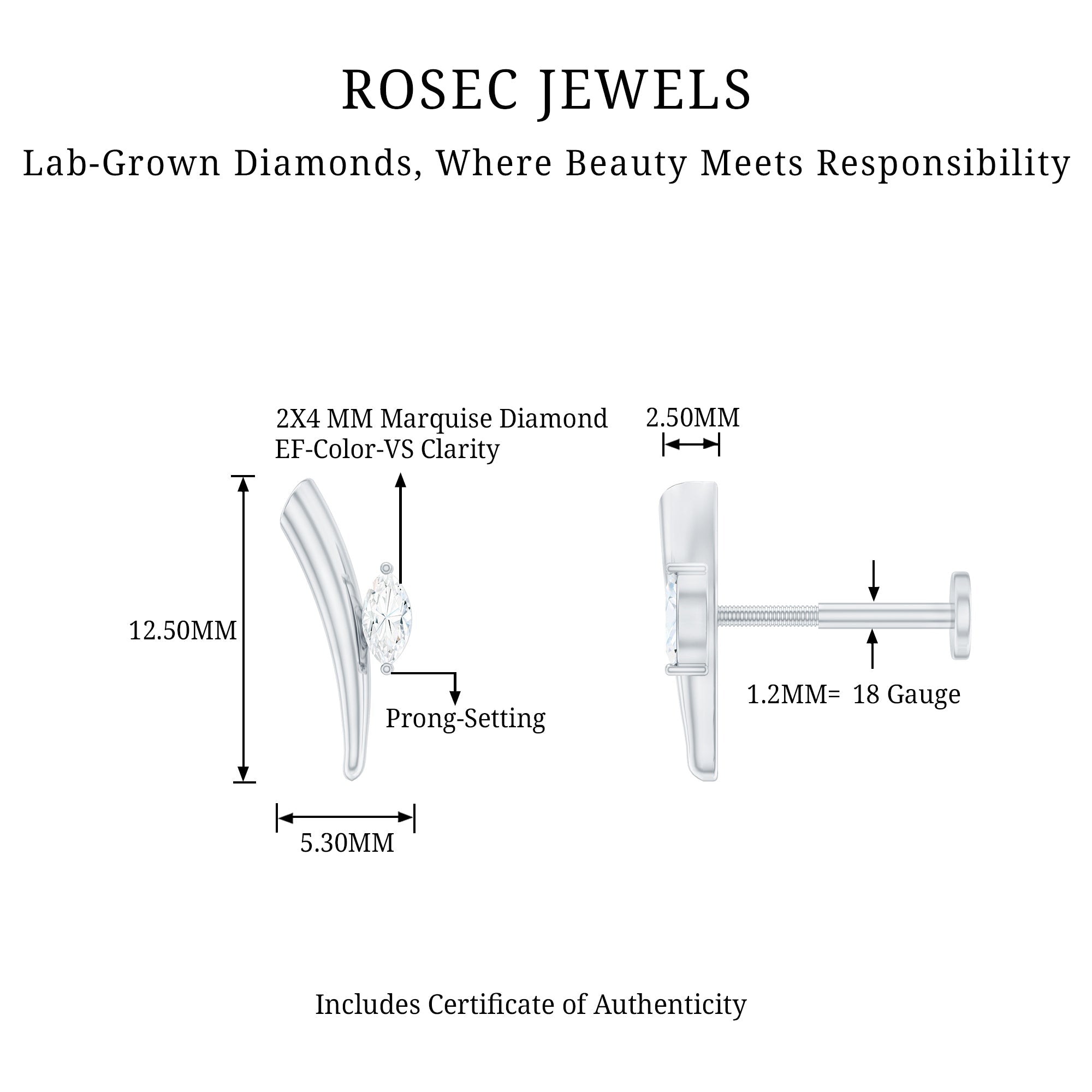 Marquise Cut Diamond Solitaire Earring for Tragus Piercing
