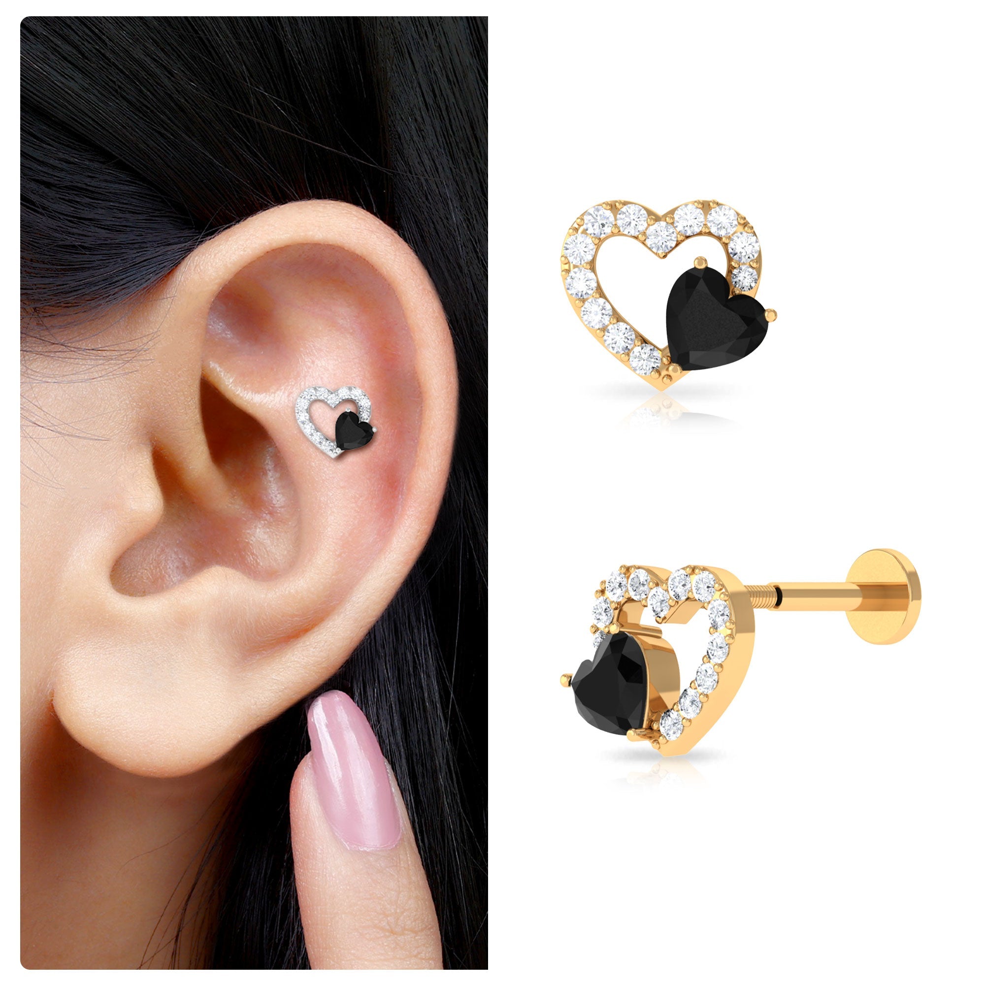 Heart Shape Black Onyx and Moissanite Cartilage Earring
