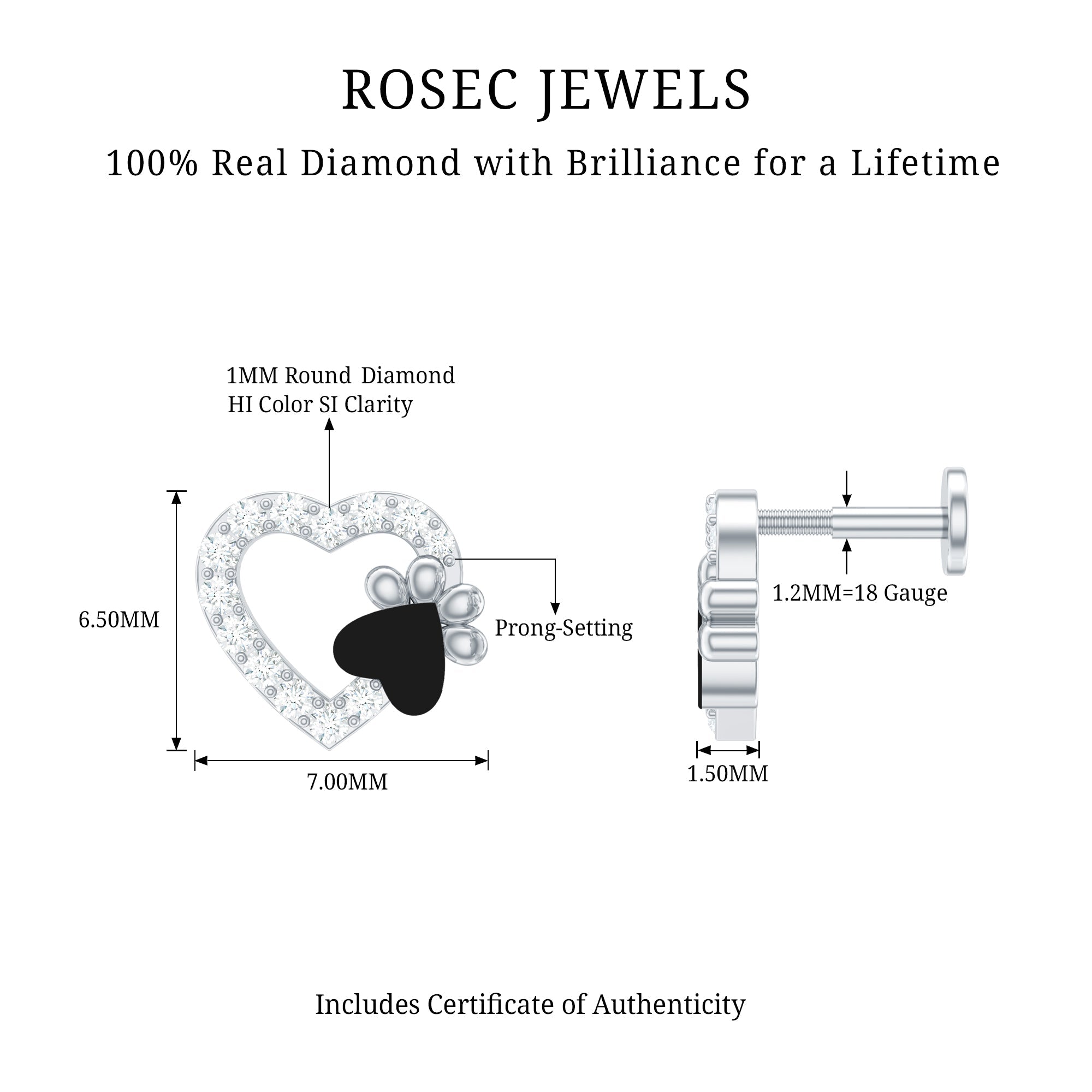 Sparkling Diamond Dog Paw Heart Earring with Black Enamel