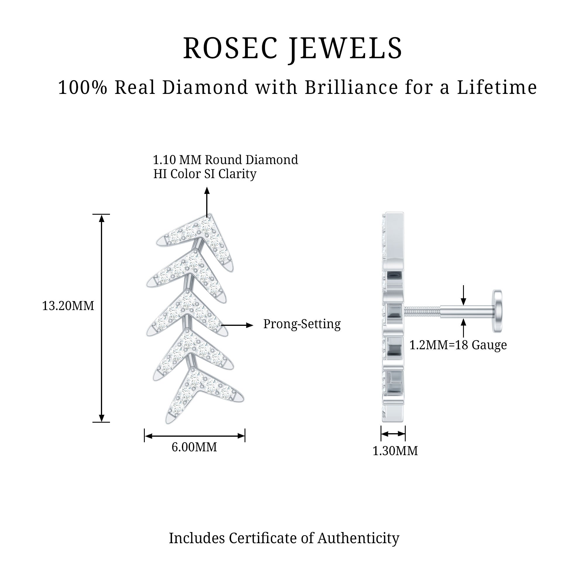 Minimalist Diamond Leaf Crawler Earring for Helix Piercing
