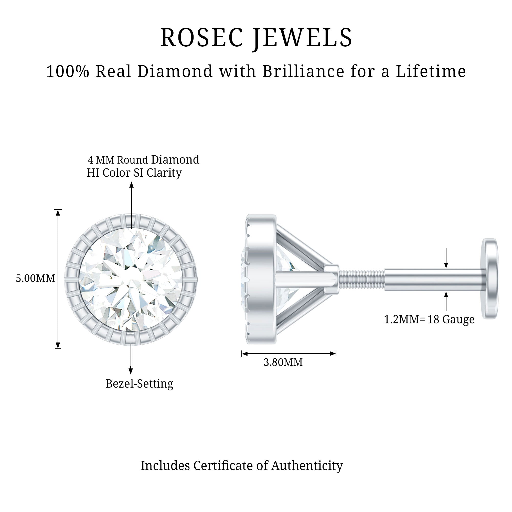 Bezel Set Diamond Solitaire Stud Earring for Helix Piercing