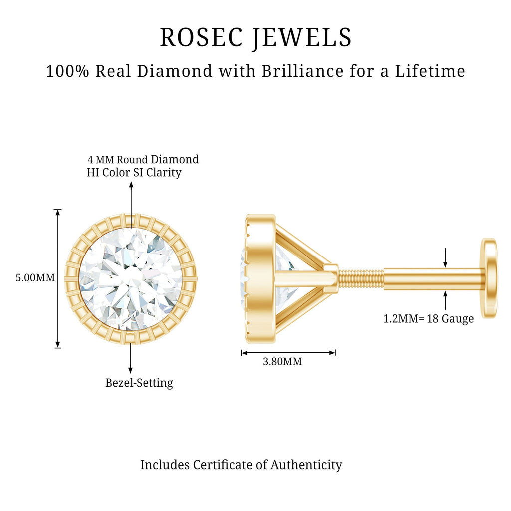 Bezel Set Diamond Solitaire Stud Earring for Helix Piercing