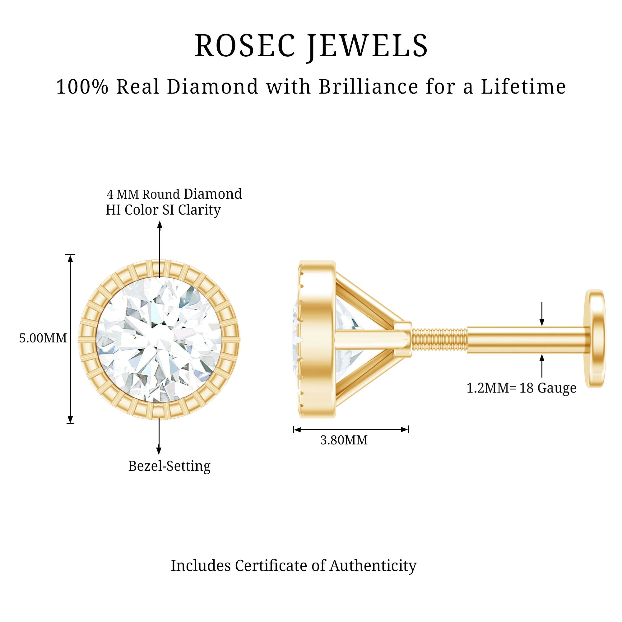 Bezel Set Diamond Solitaire Stud Earring for Helix Piercing