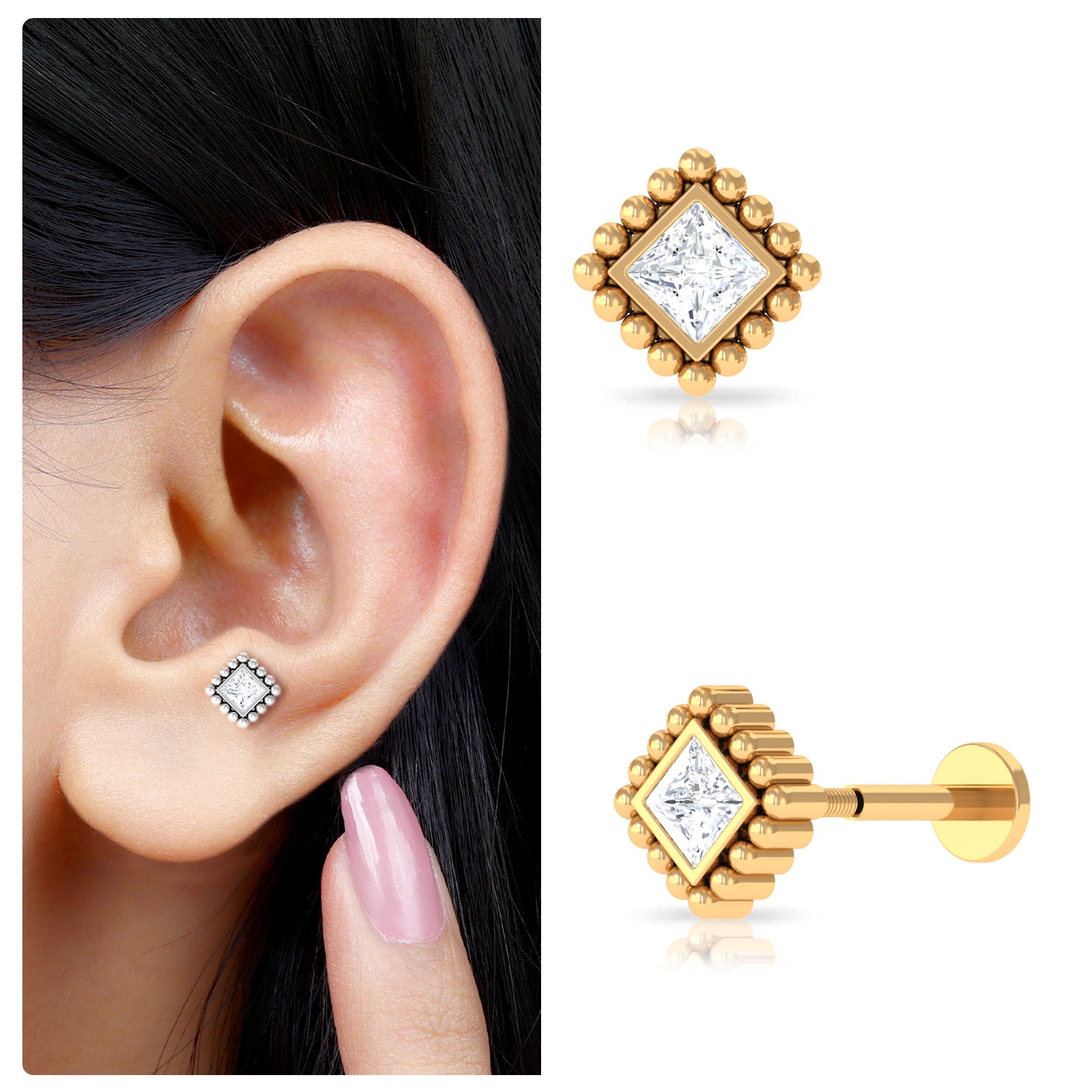 Princess Cut Diamond Solitaire Earring in Beaded Bezel Setting