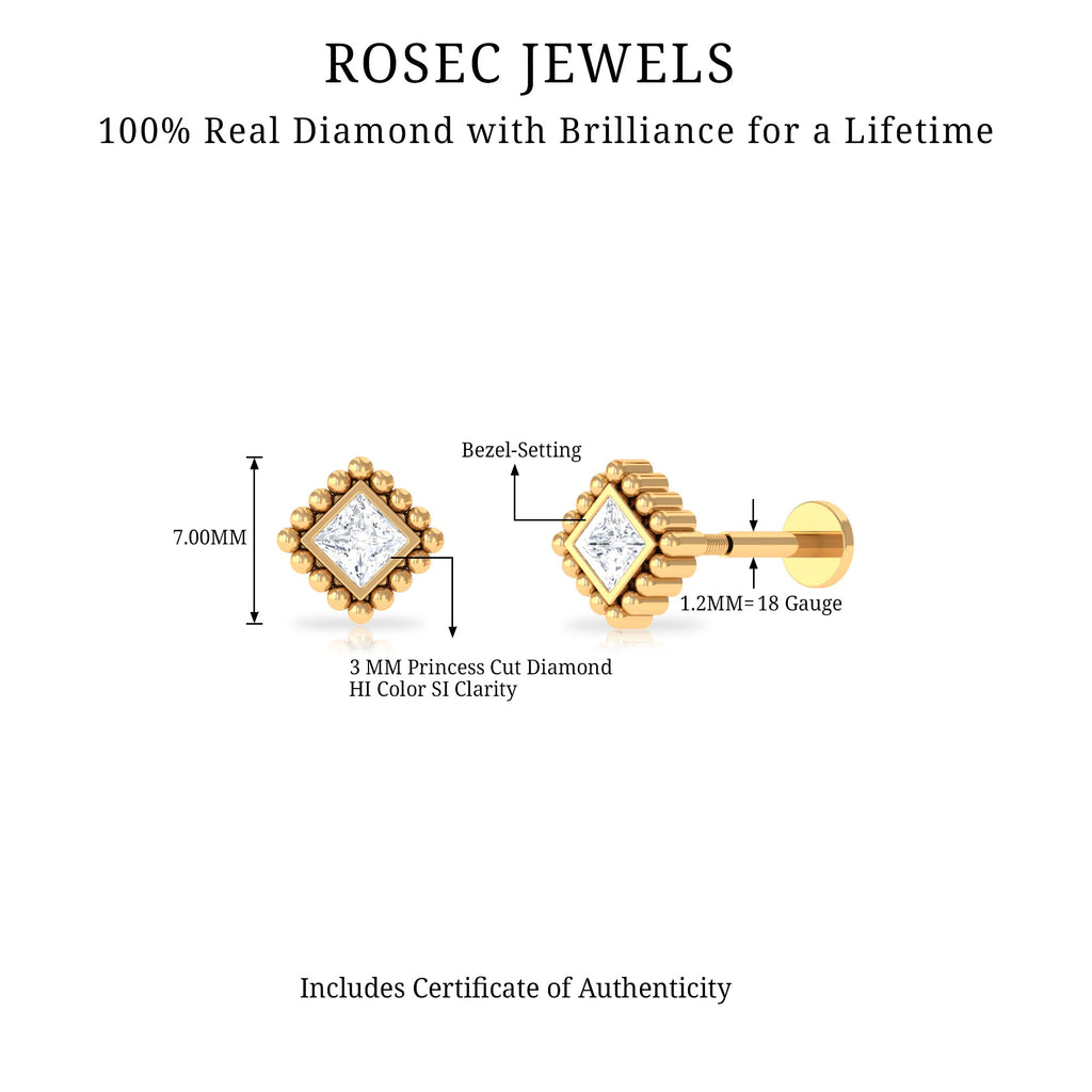 Princess Cut Diamond Solitaire Earring in Beaded Bezel Setting