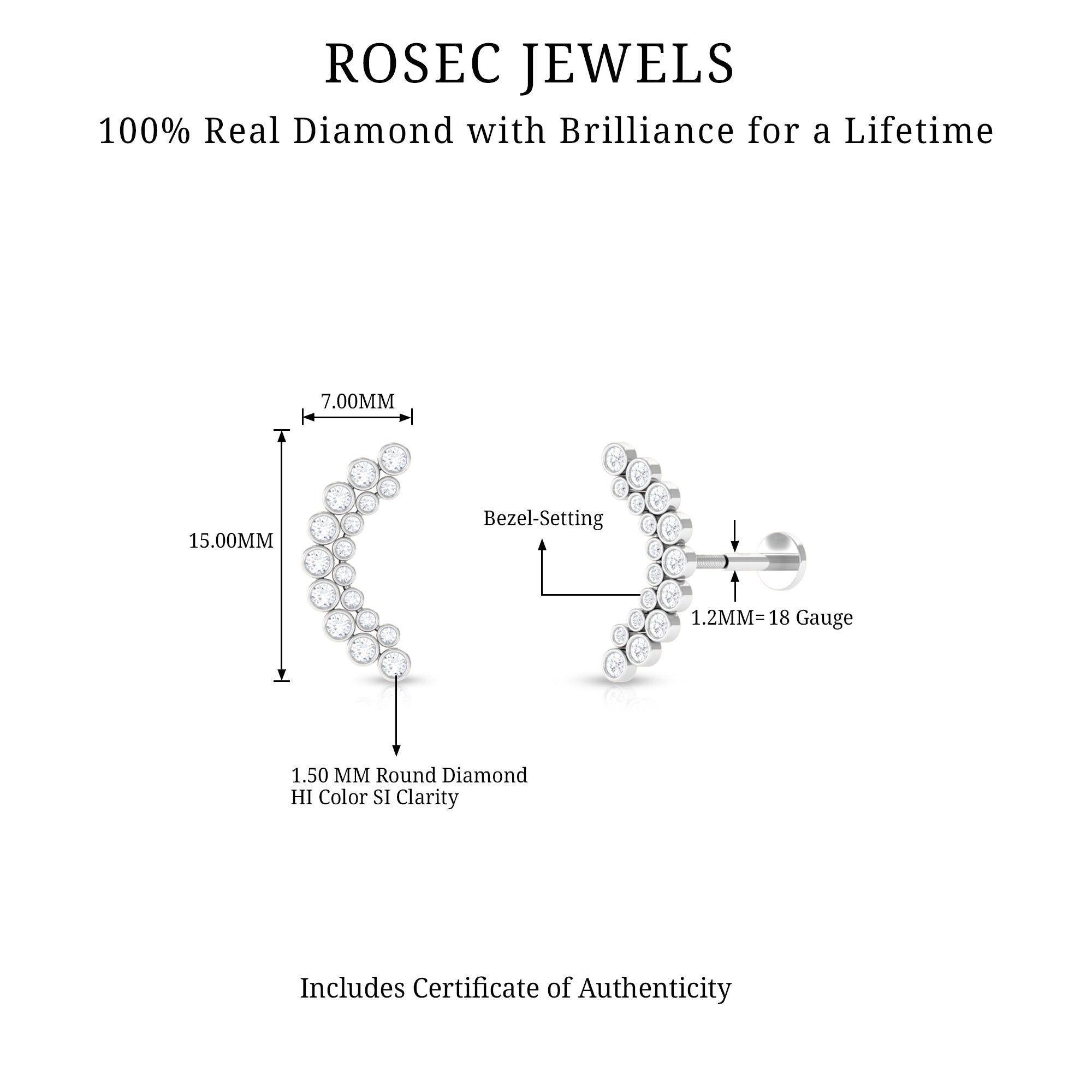 Bezel Set Diamond Ear Crawler Earring with Flat Back