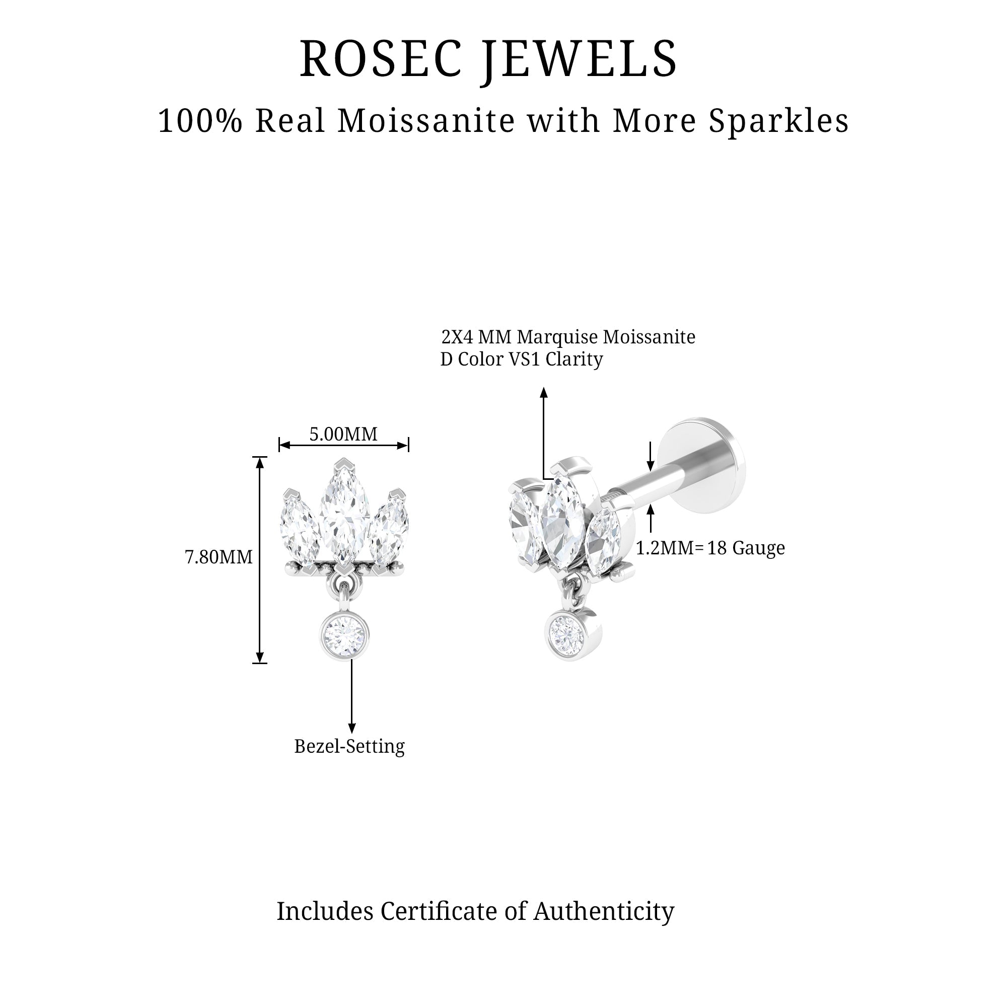 Marquise Moissanite Stud Drop Earring for Helix Piercing