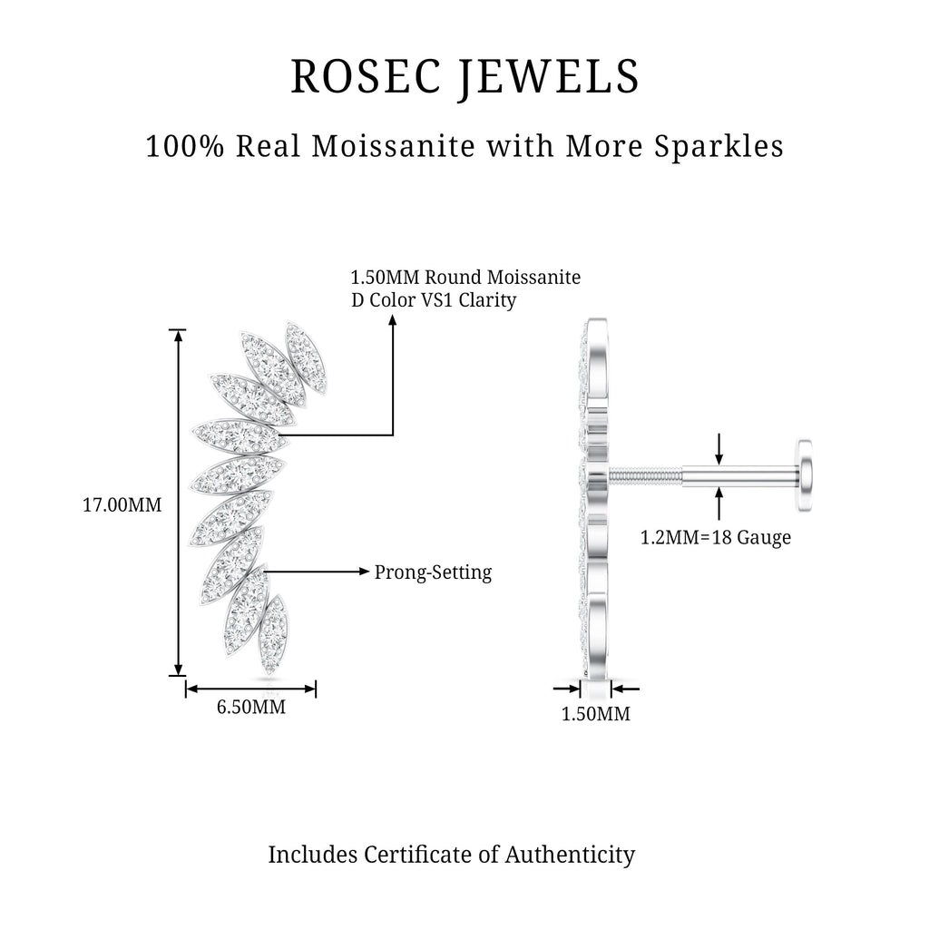 Certified Moissanite Feather Climber Cartilage Earring