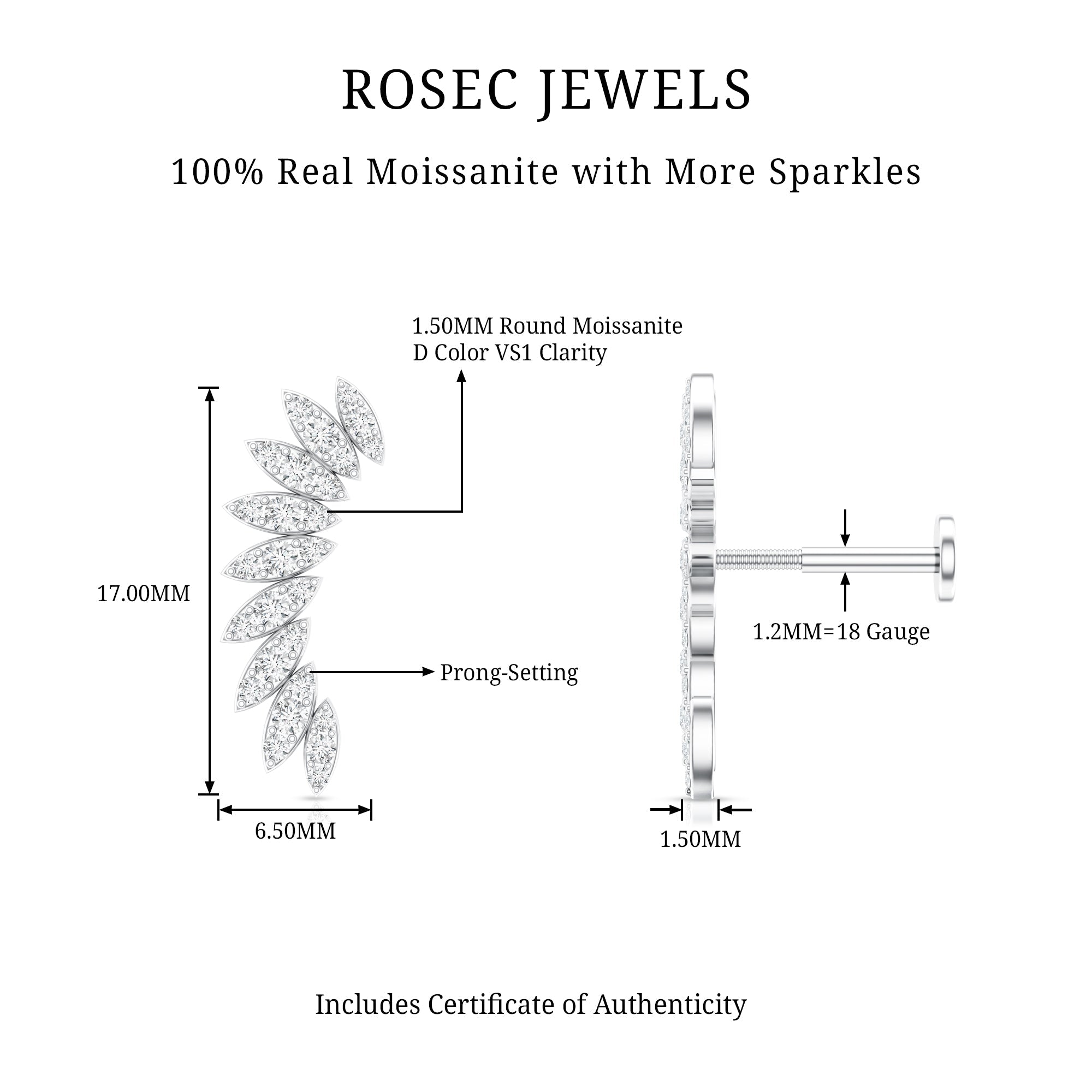 Certified Moissanite Feather Climber Cartilage Earring