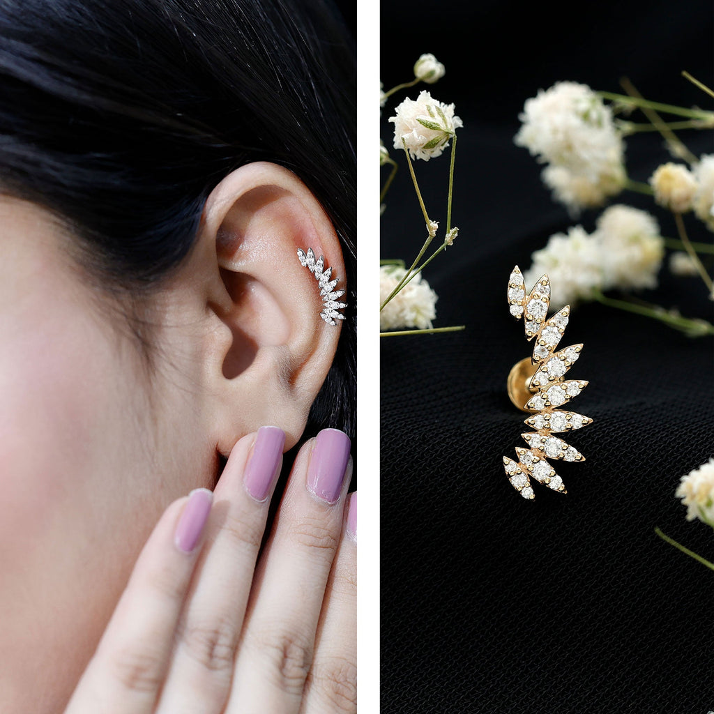 Certified Moissanite Feather Climber Cartilage Earring
