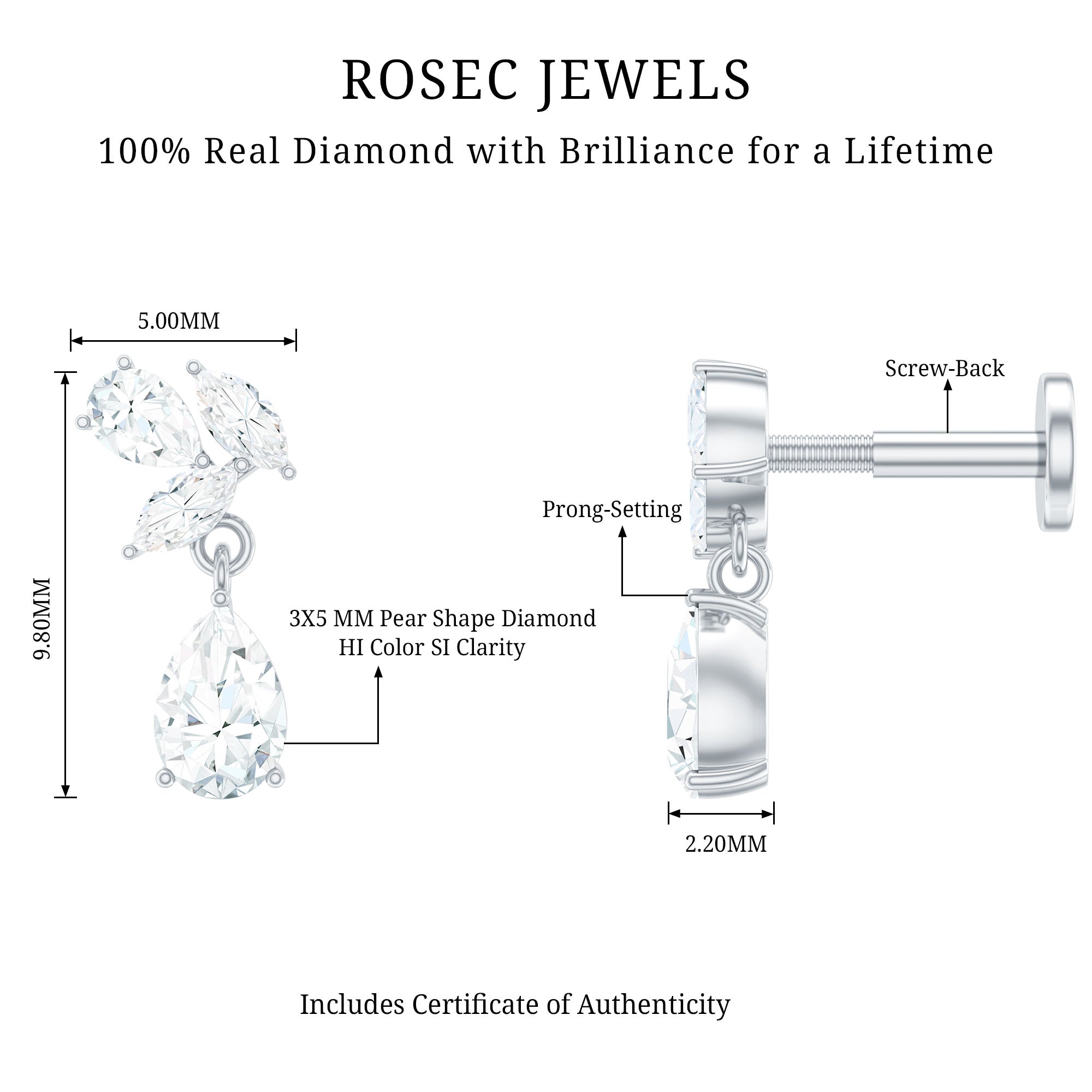 Natural Diamond Teardrop Cartilage Earring With Certificate