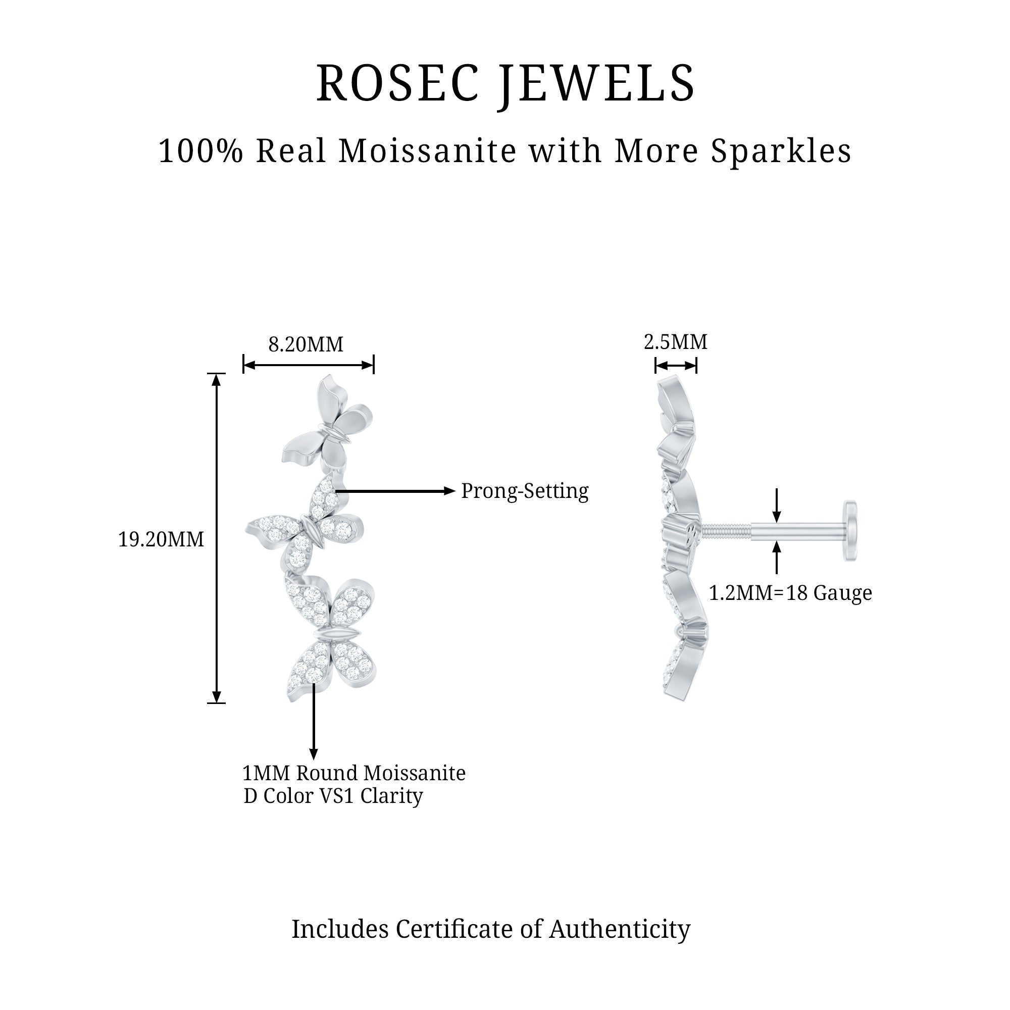 Moissanite Butterfly Climber Earring for Helix Piercing