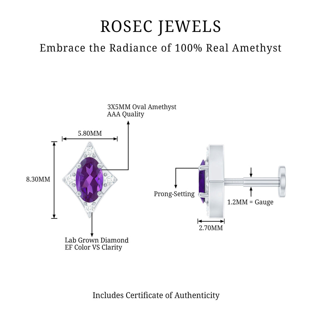 Oval Natural Amethyst Tragus Earring with Lab Grown Diamond