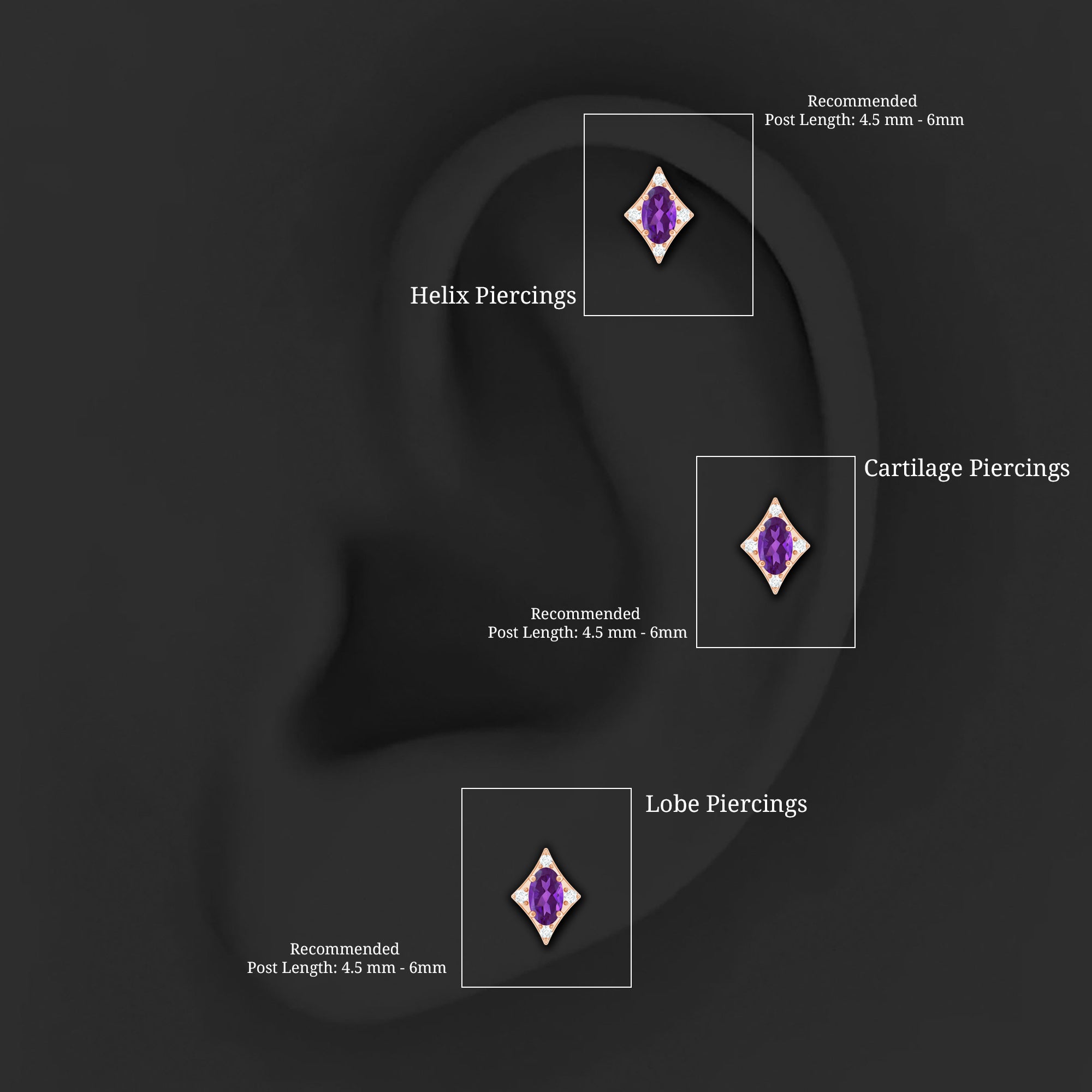 Oval Natural Amethyst Tragus Earring with Lab Grown Diamond