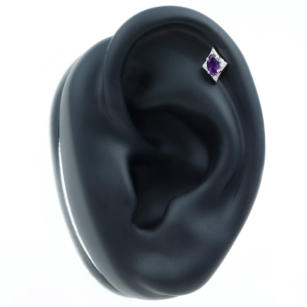 Oval Natural Amethyst Tragus Earring with Lab Grown Diamond