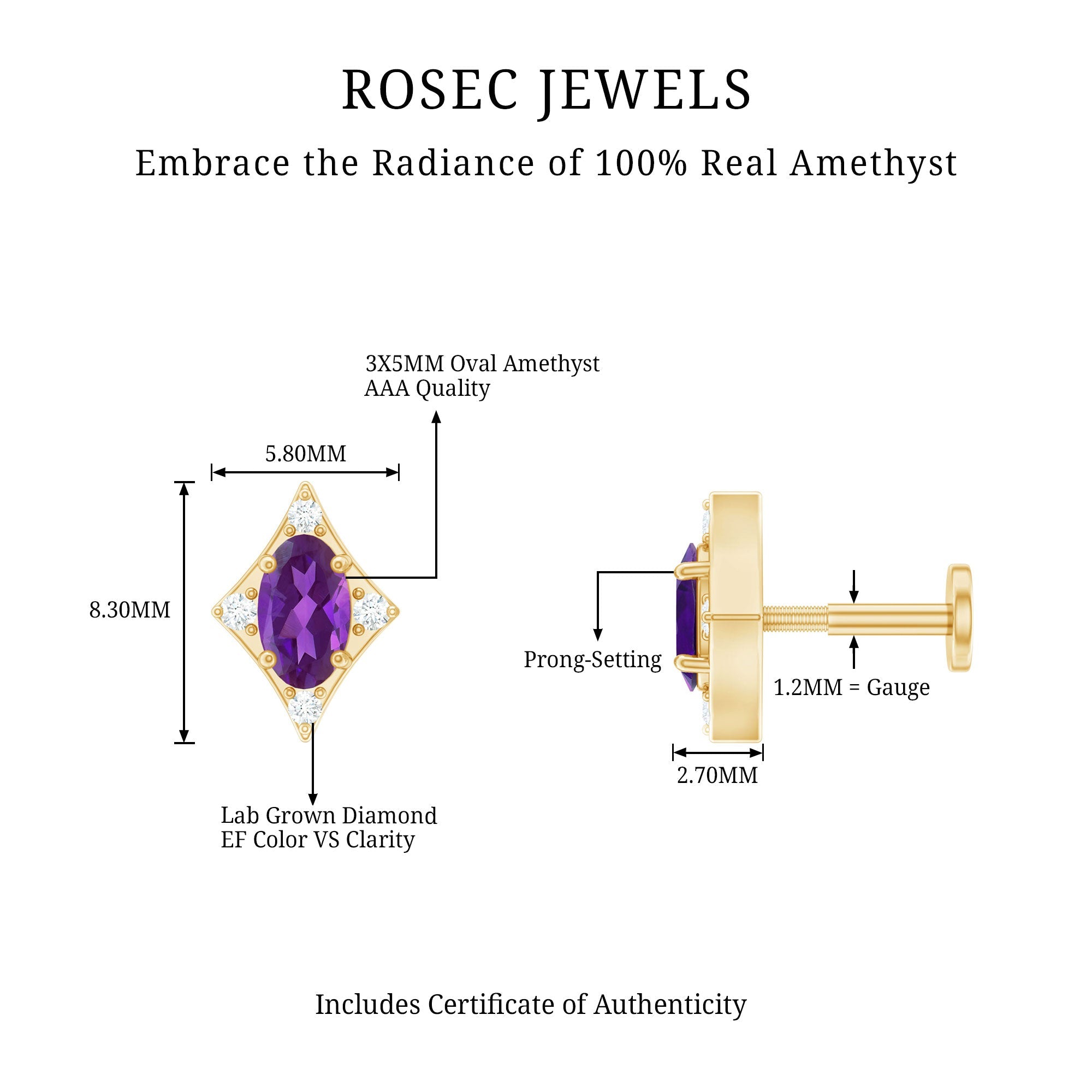 Oval Natural Amethyst Tragus Earring with Lab Grown Diamond
