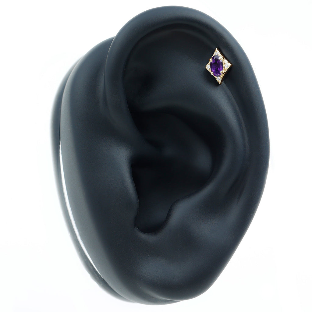 Oval Natural Amethyst Tragus Earring with Lab Grown Diamond