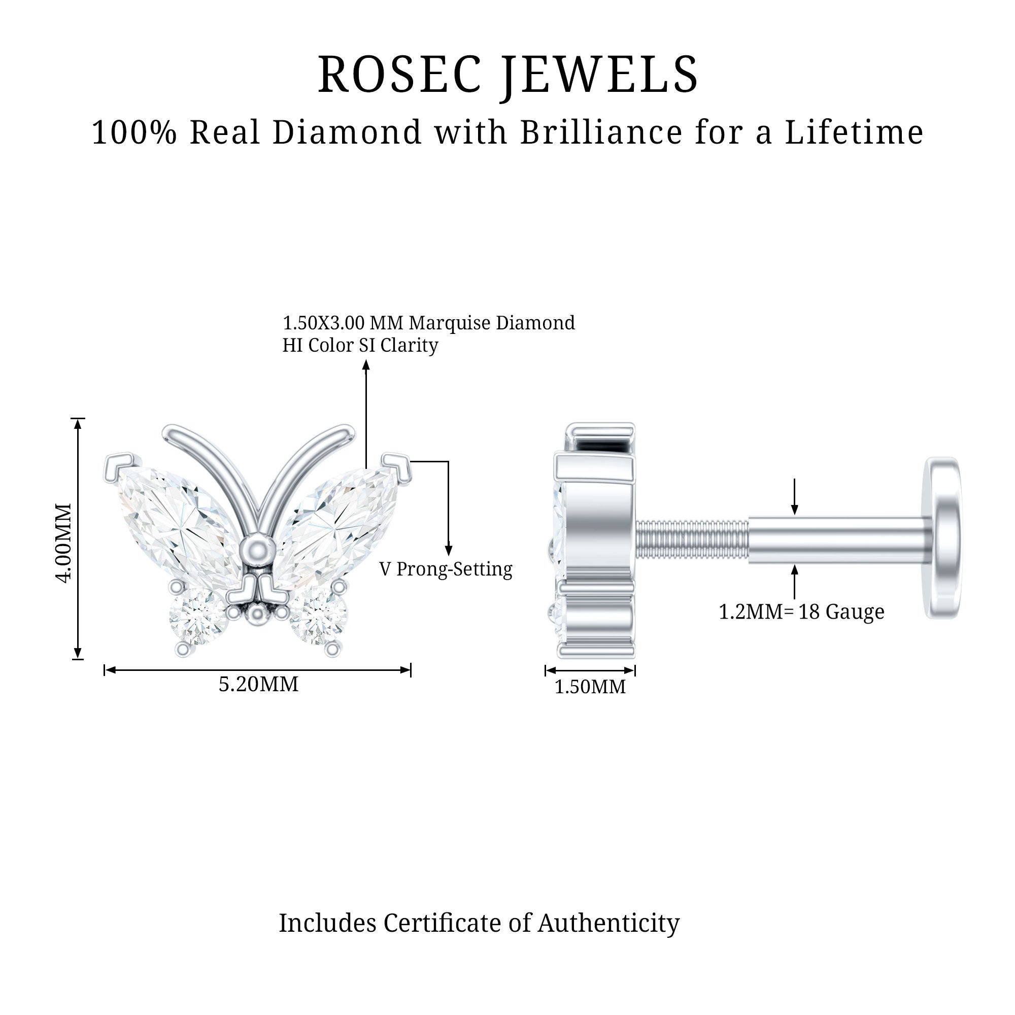Natural Diamond Butterfly Earring for Helix Piercing