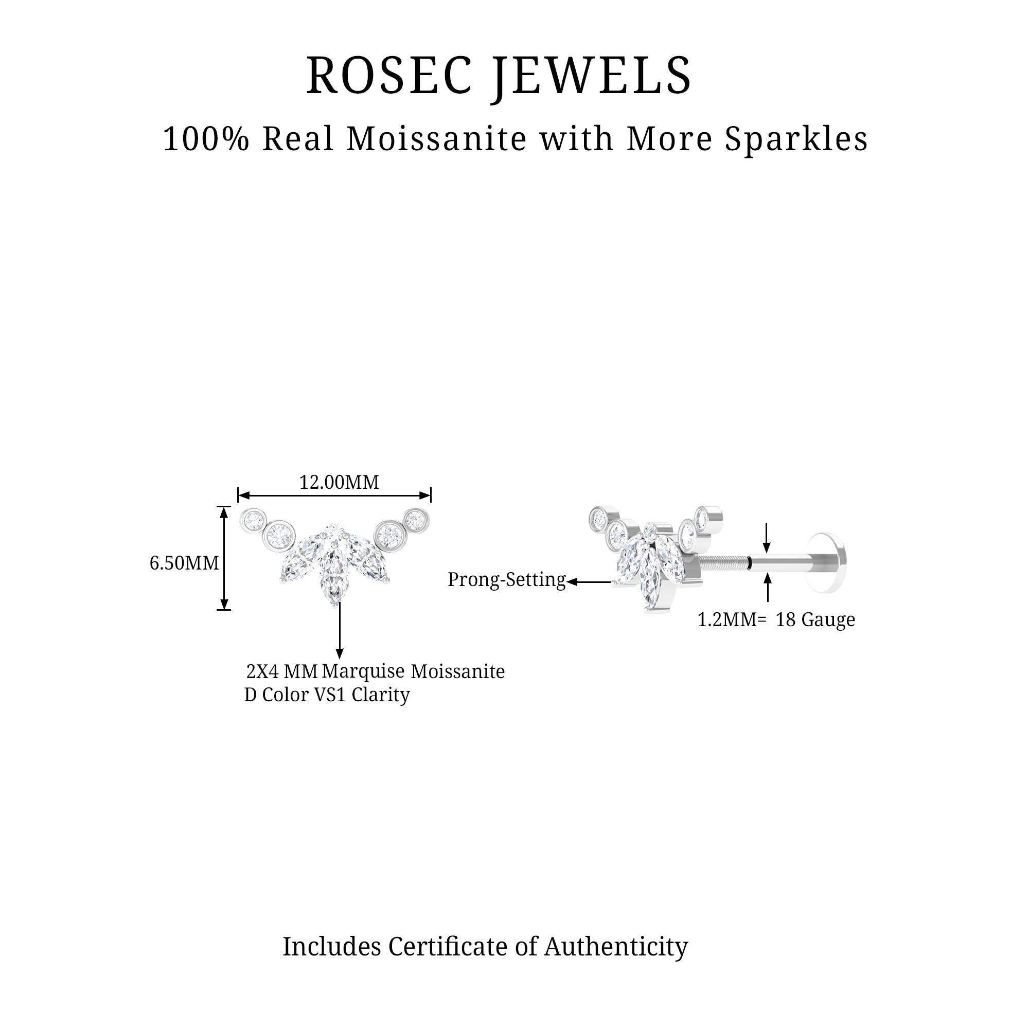 Marquise Moissanite Curved Crawler Earring for Helix Piercing