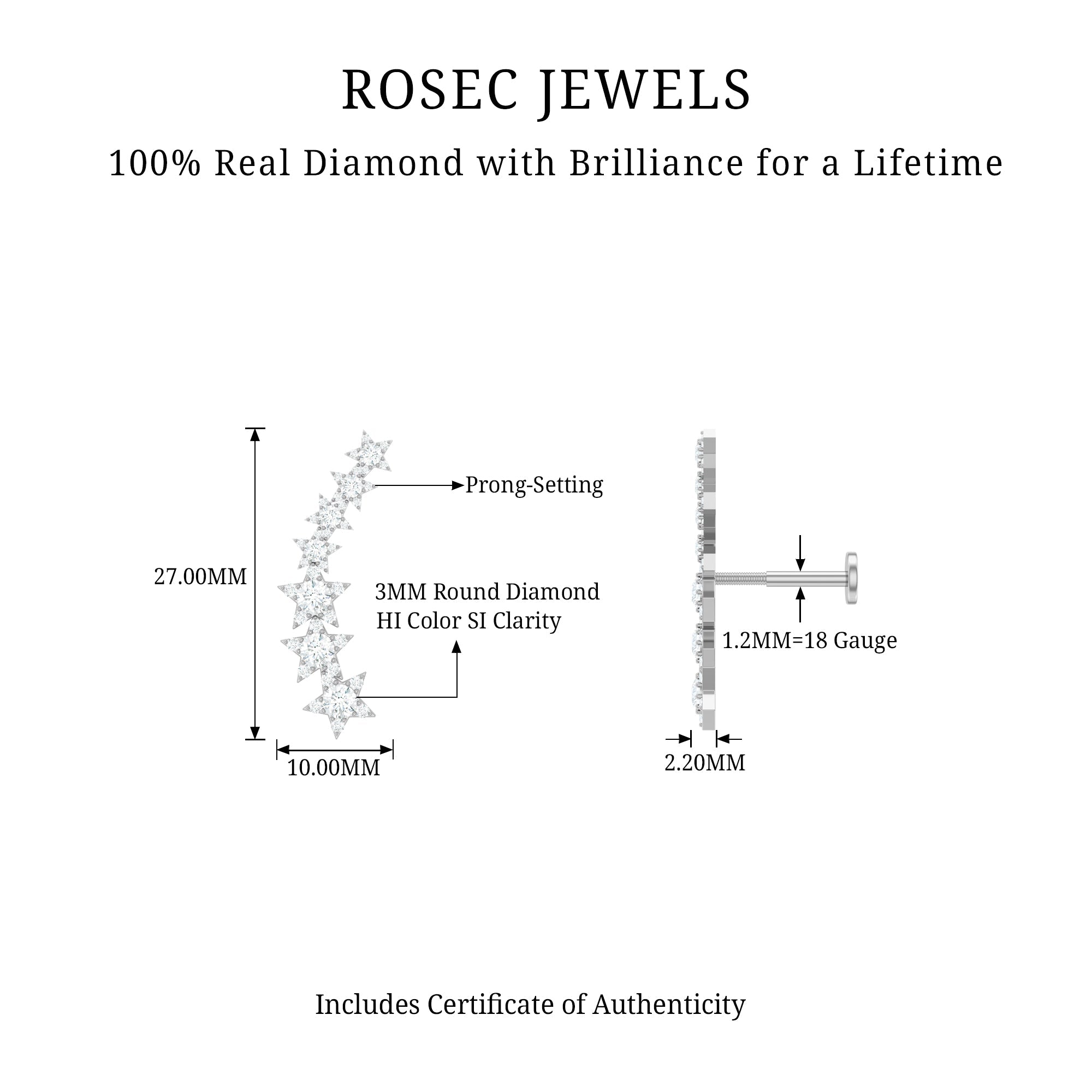 Graduated Diamond Star Crawler Earring for Helix Piercing