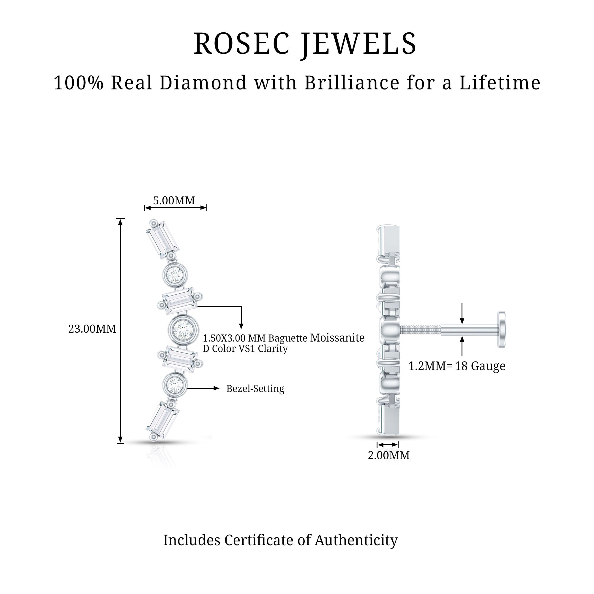 Baguette Moissanite Art Deco Climber Earring for Helix Piercing