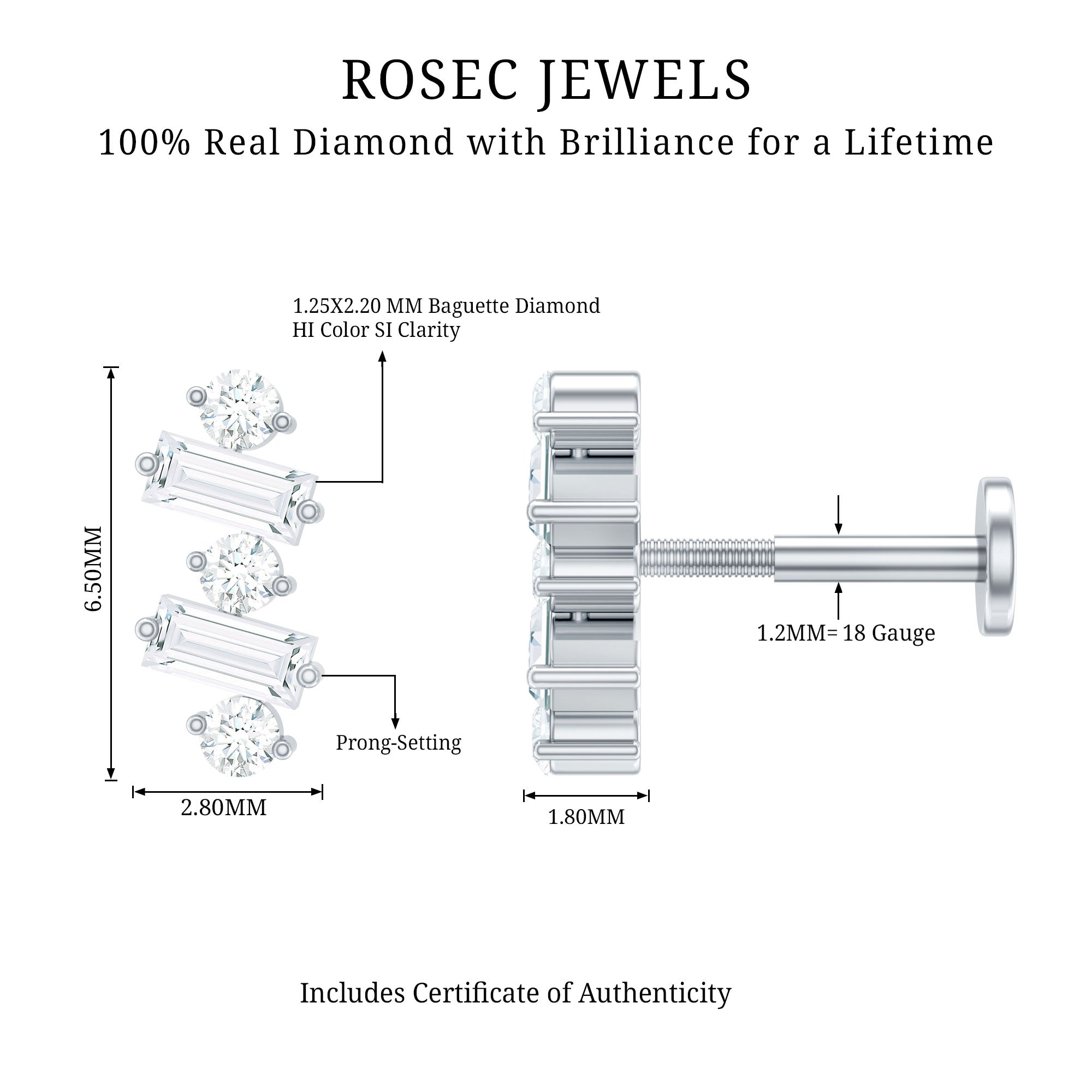 Genuine Baguette Diamond Tragus Earring With Certificate