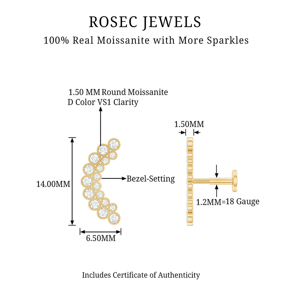 Moissanite Curved Helix Earring in Milgrain Bezel Setting