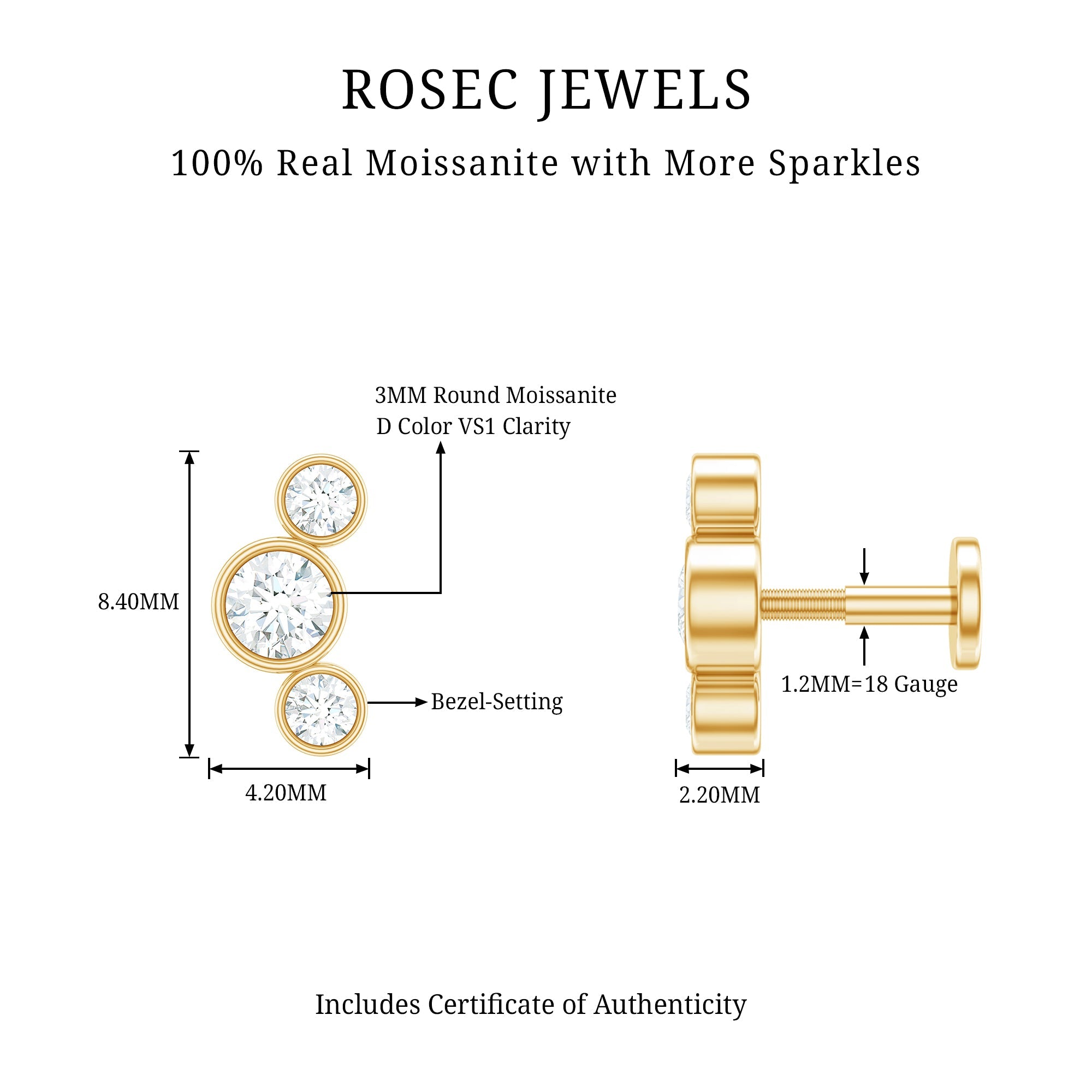 Certified Moissanite Three Stone Crawler Helix Earring