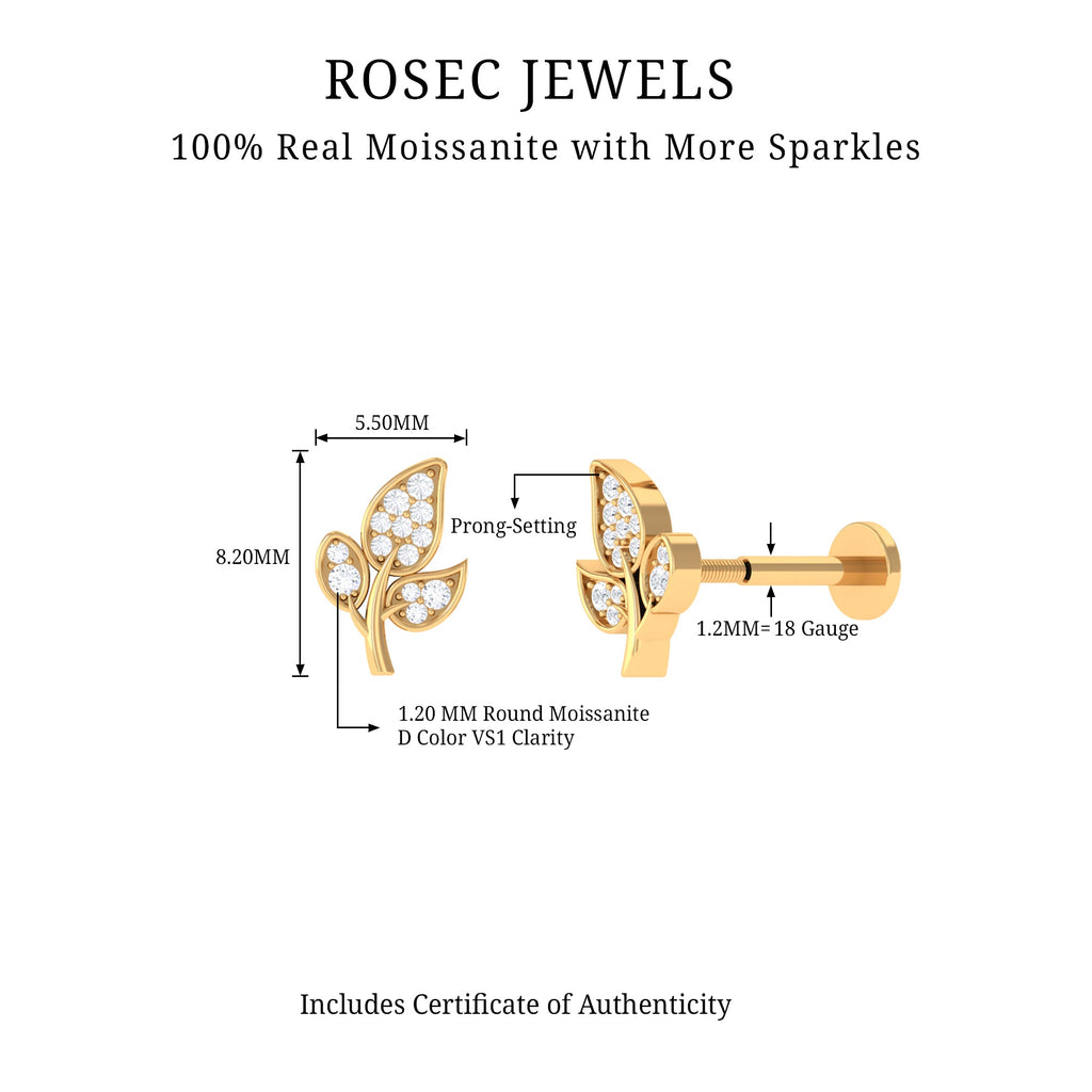 Dainty Moissanite Leaf Earring for Cartilage Piercing