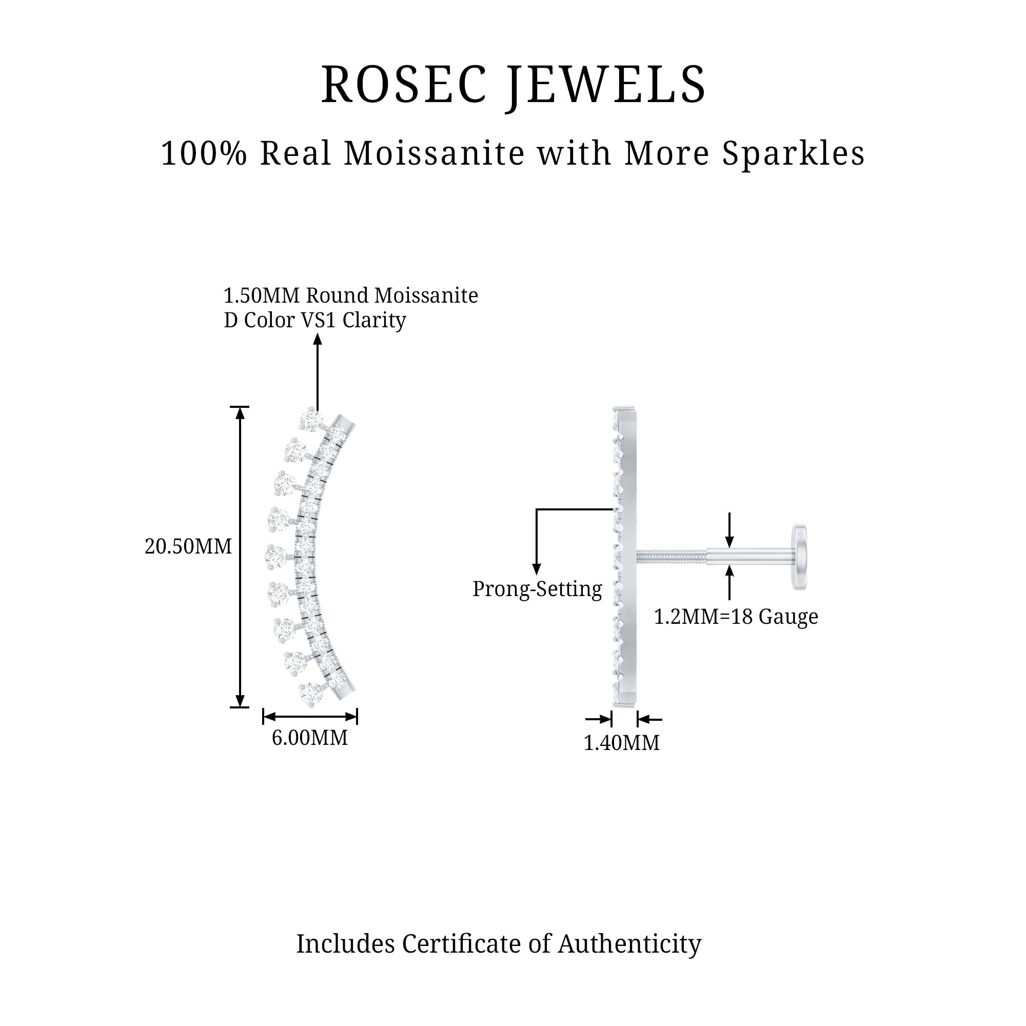 Certified Moissanite Curved Crawler Earring