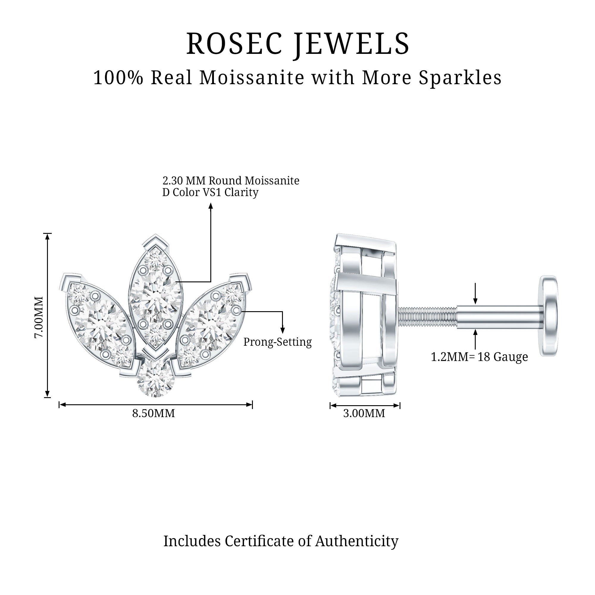 Certified Moissanite Lotus Earring for Cartilage Piercing