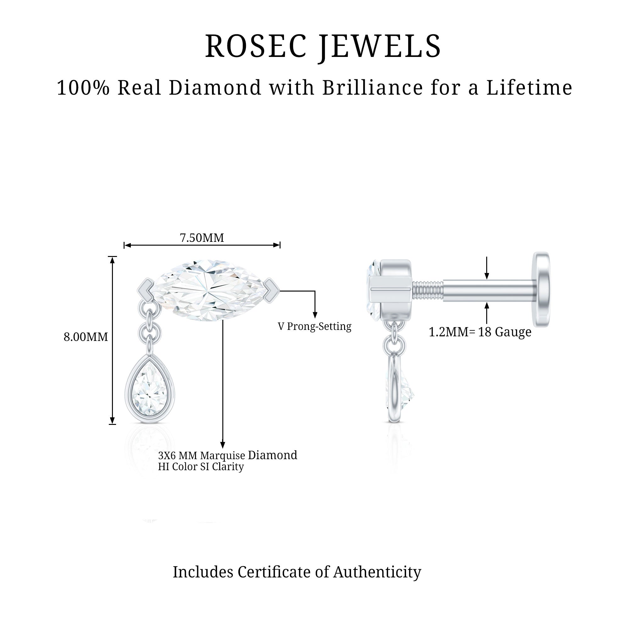 Real Marquise Diamond Cartilage Drop Earring