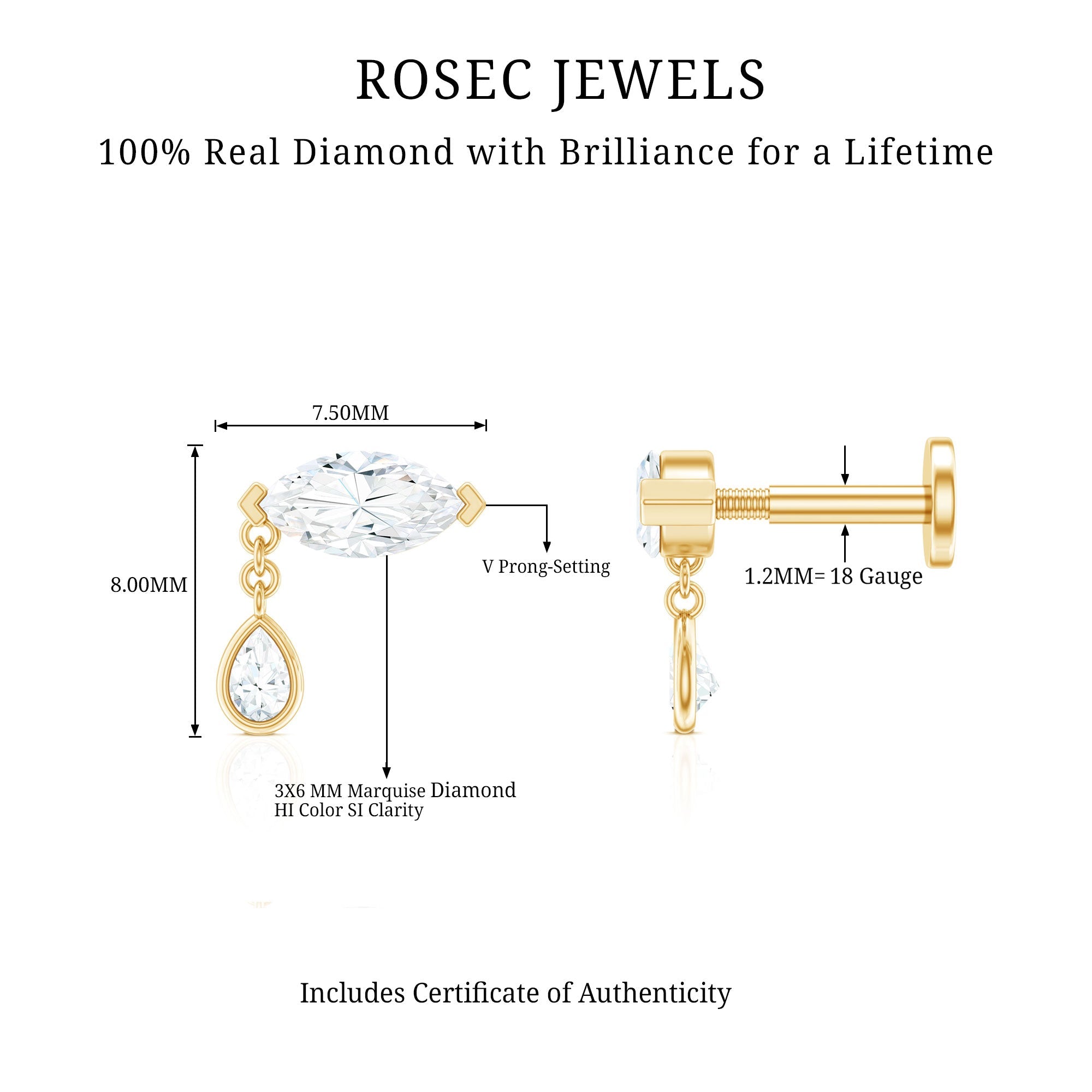 Real Marquise Diamond Cartilage Drop Earring
