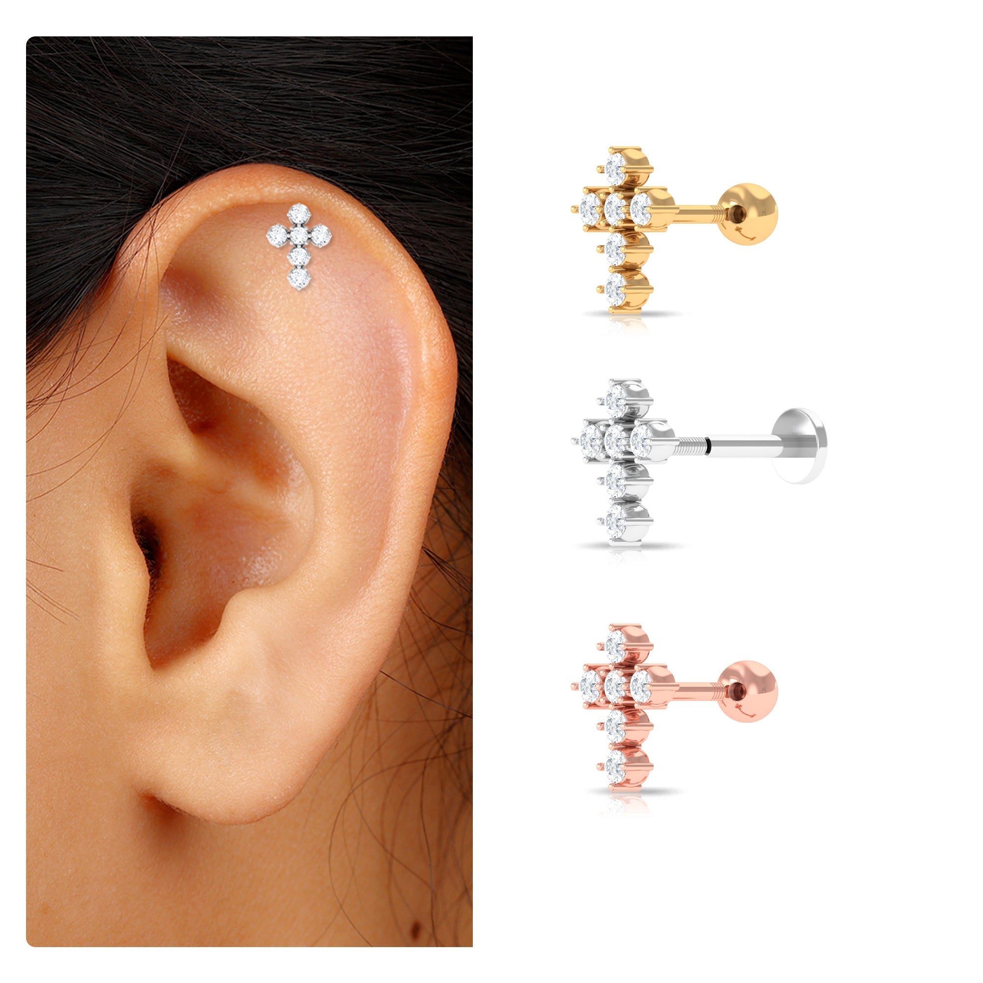 Certified Moissanite Cross Earring for Cartilage Piercing