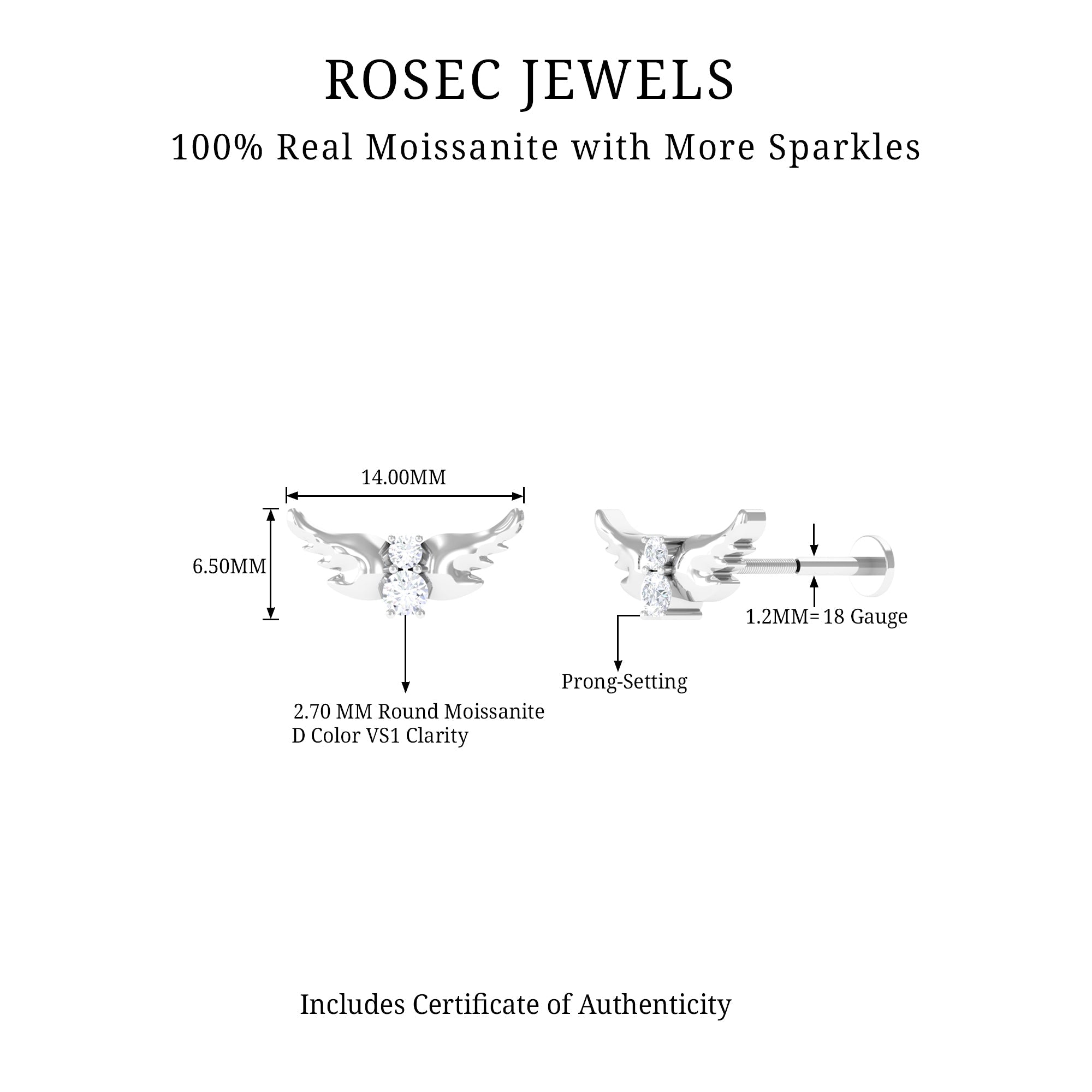 Round Moissanite Bat Earring for Cartilage Piercing