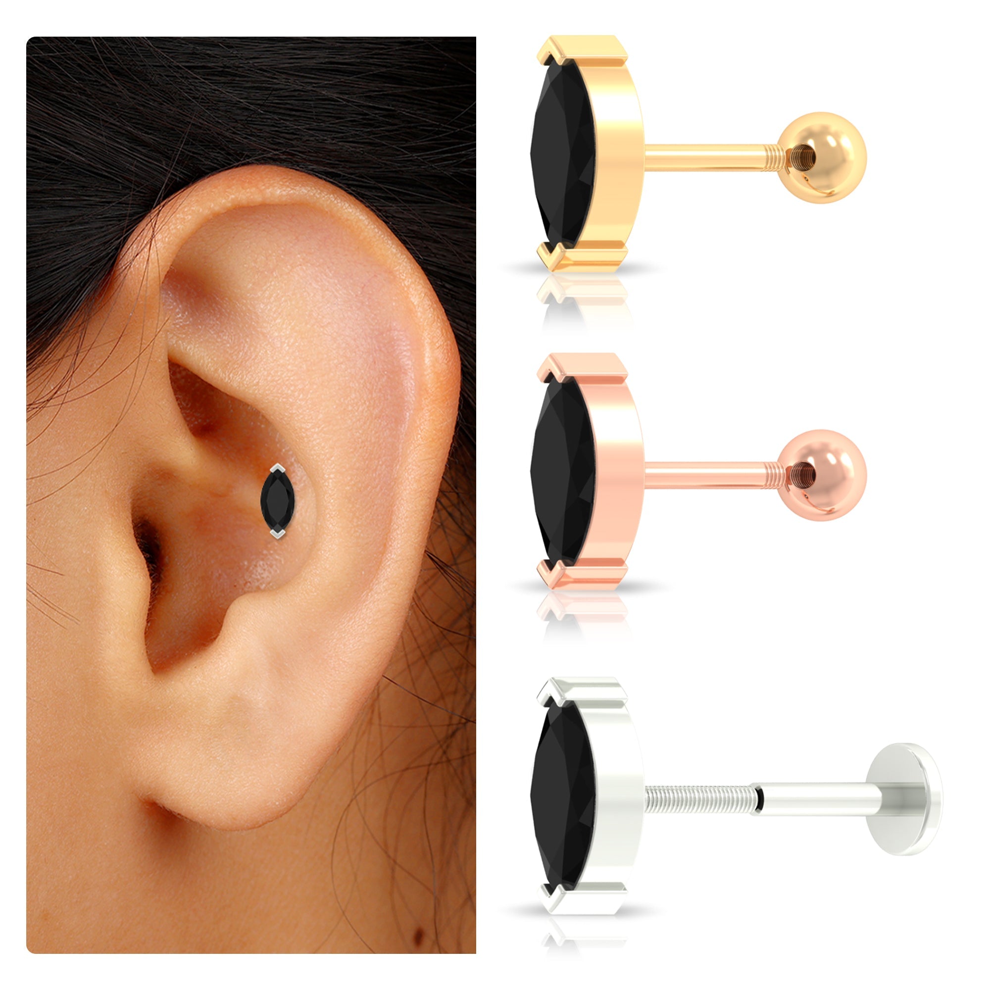 Natural 0.74 Carat Marquise Shape Black Onyx Conch Earring