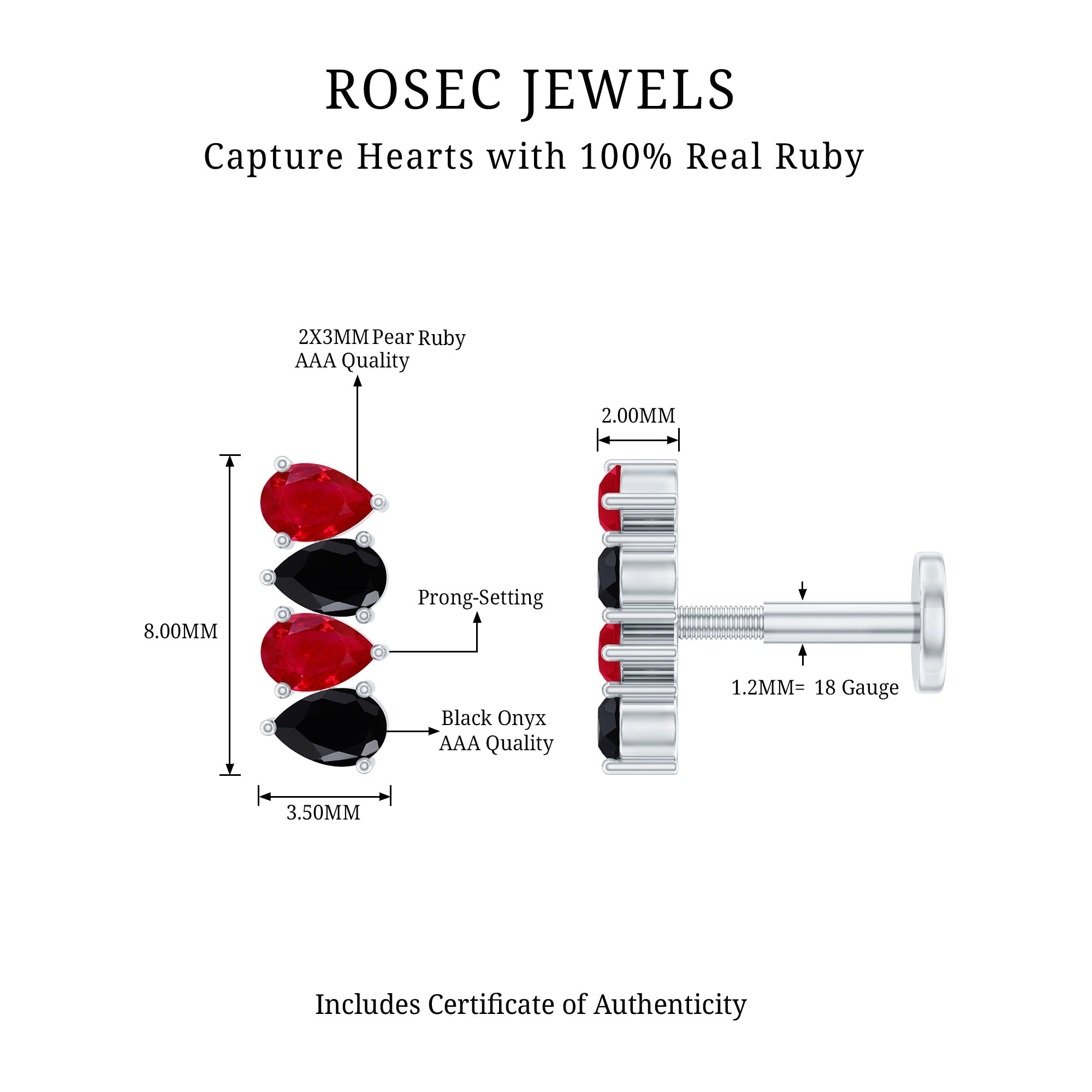 Pear Cut Ruby and Black Onyx Bar Earring for Helix Piercing