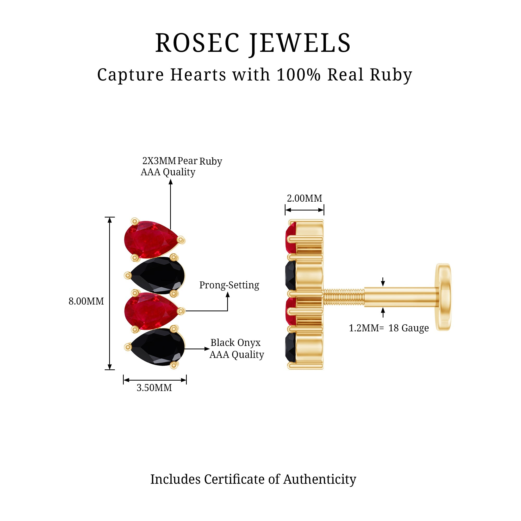 Pear Cut Ruby and Black Onyx Bar Earring for Helix Piercing